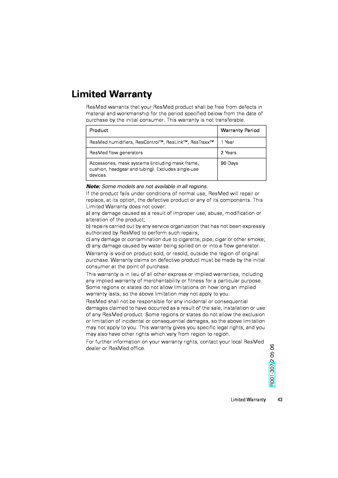 ResMed III user manual Limited Warranty 