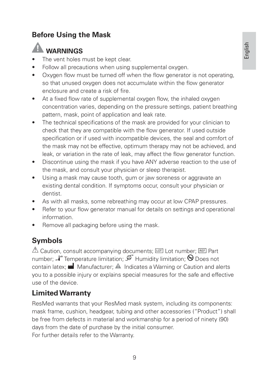 ResMed LT manual Before Using the Mask, Symbols Limited Warranty 