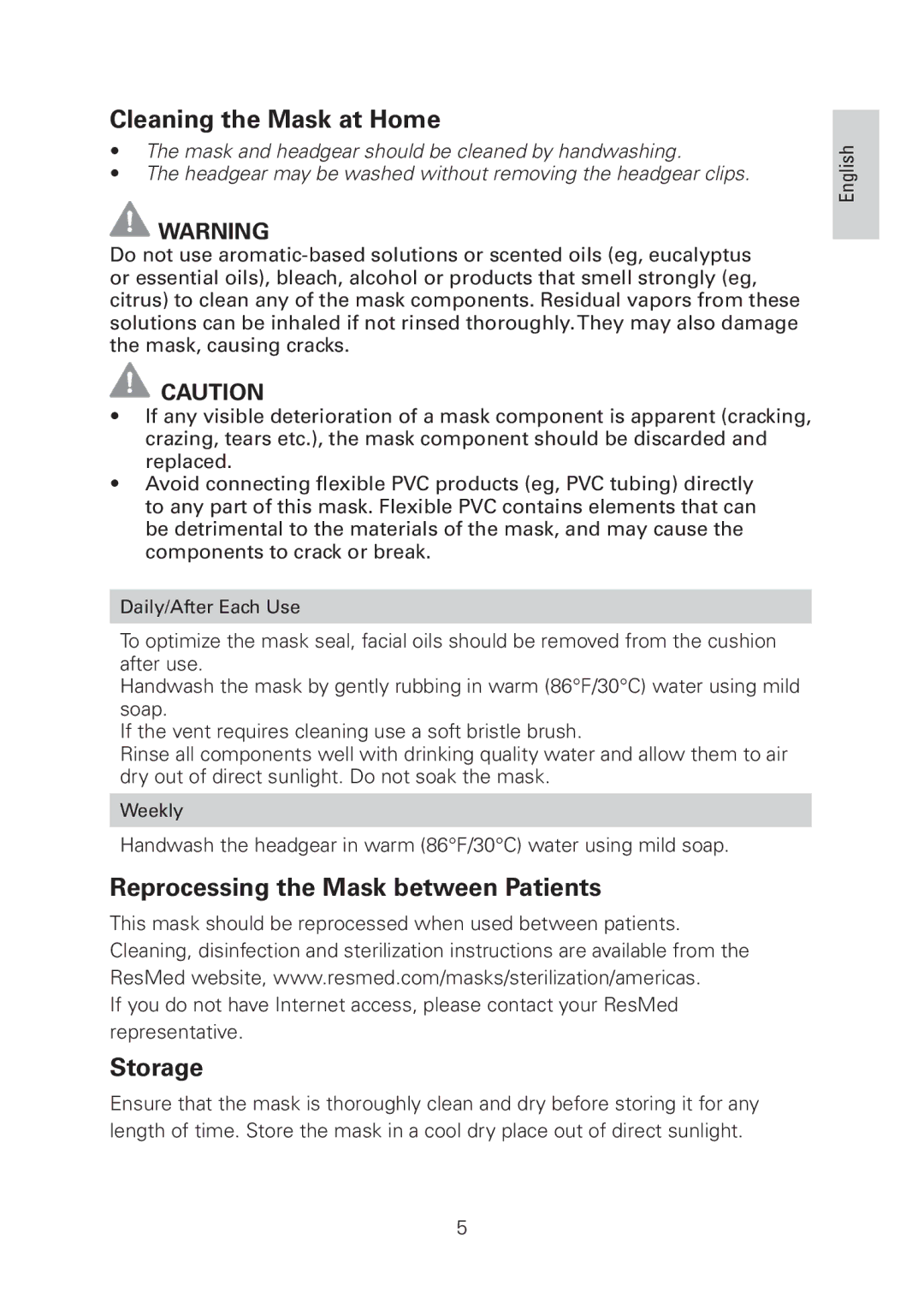 ResMed LT manual Cleaning the Mask at Home, Reprocessing the Mask between Patients, Storage 