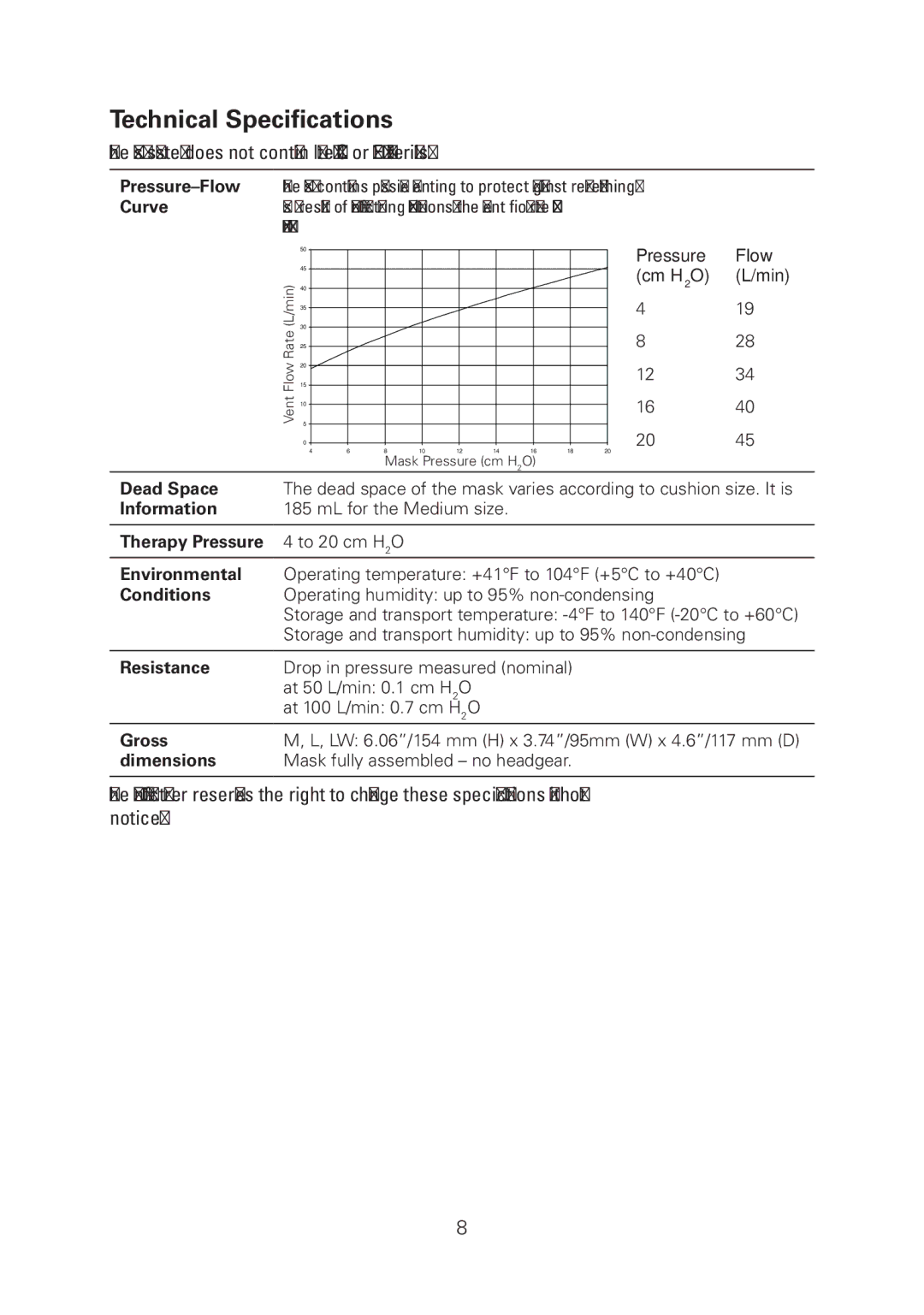 ResMed LT manual Technical Specifications, Mask system does not contain latex, PVC or Dehp materials 