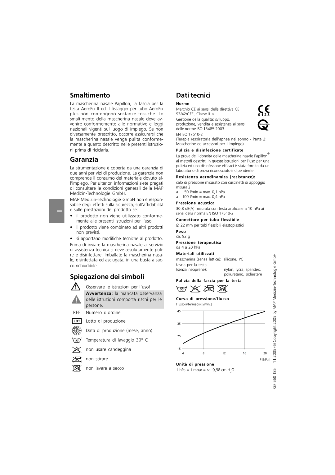 ResMed MAP Series instruction manual Smaltimento, Garanzia, Spiegazione dei simboli, Dati tecnici 