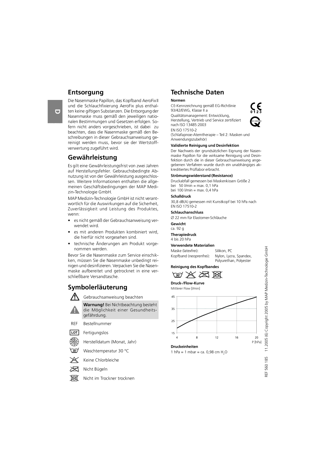 ResMed MAP Series instruction manual Entsorgung, Gewährleistung, Symbolerläuterung, Technische Daten 