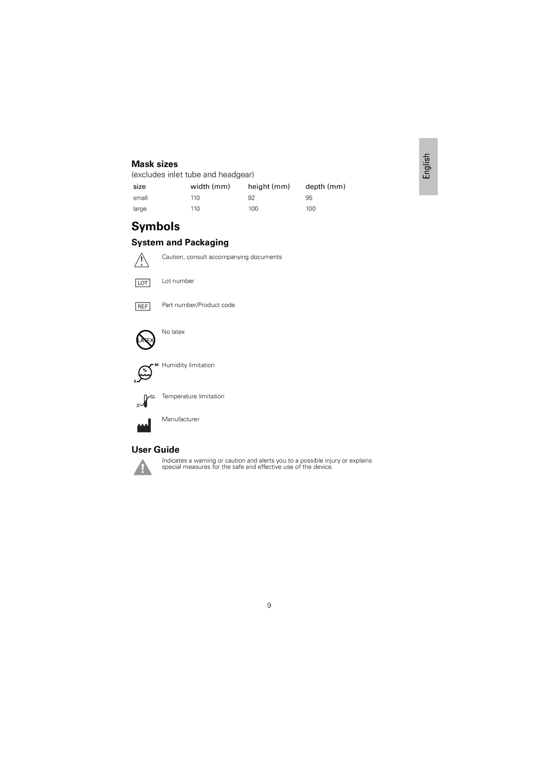 ResMed Mirage Liberty manual Symbols, Mask sizes, System and Packaging, User Guide, Size Width mm Height mm Depth mm 