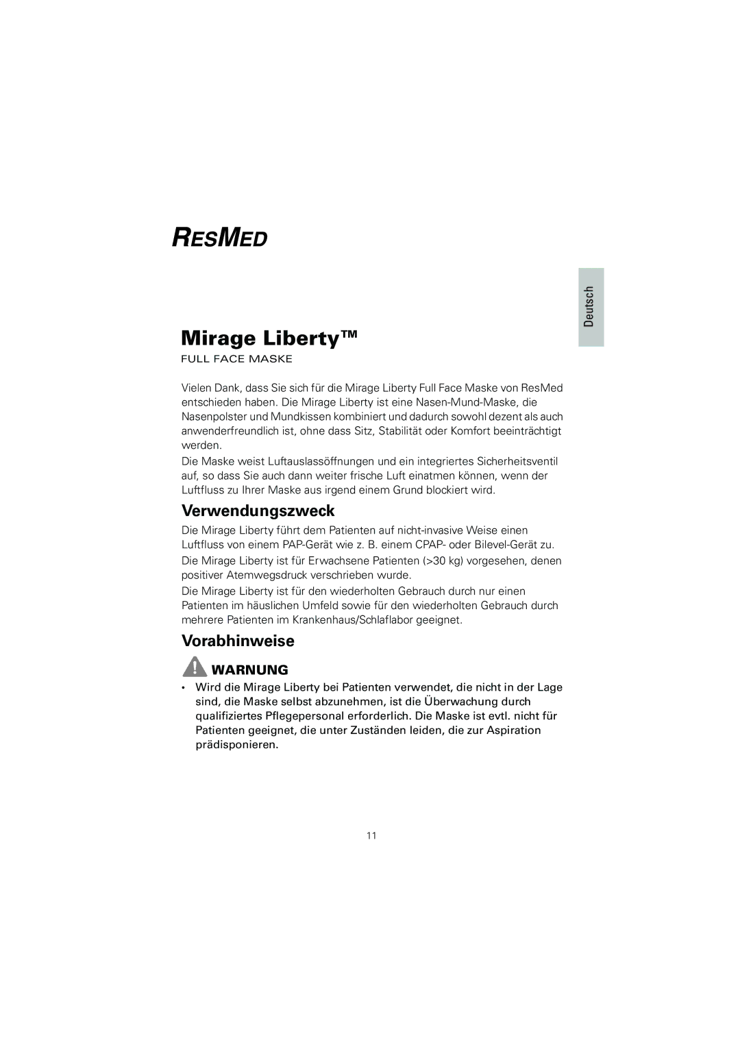 ResMed Mirage Liberty manual Verwendungszweck, Vorabhinweise 