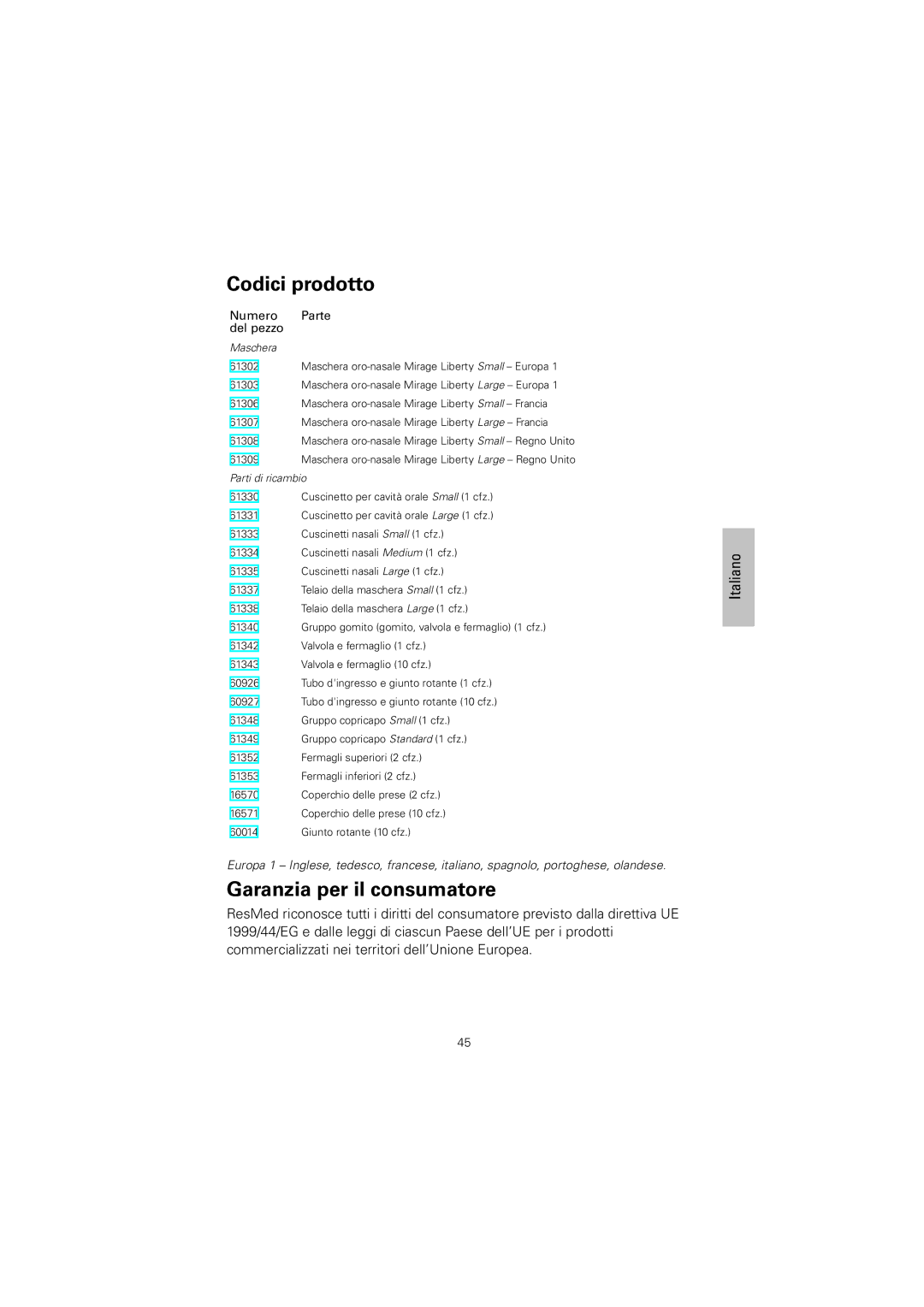 ResMed Mirage Liberty manual Codici prodotto, Garanzia per il consumatore 