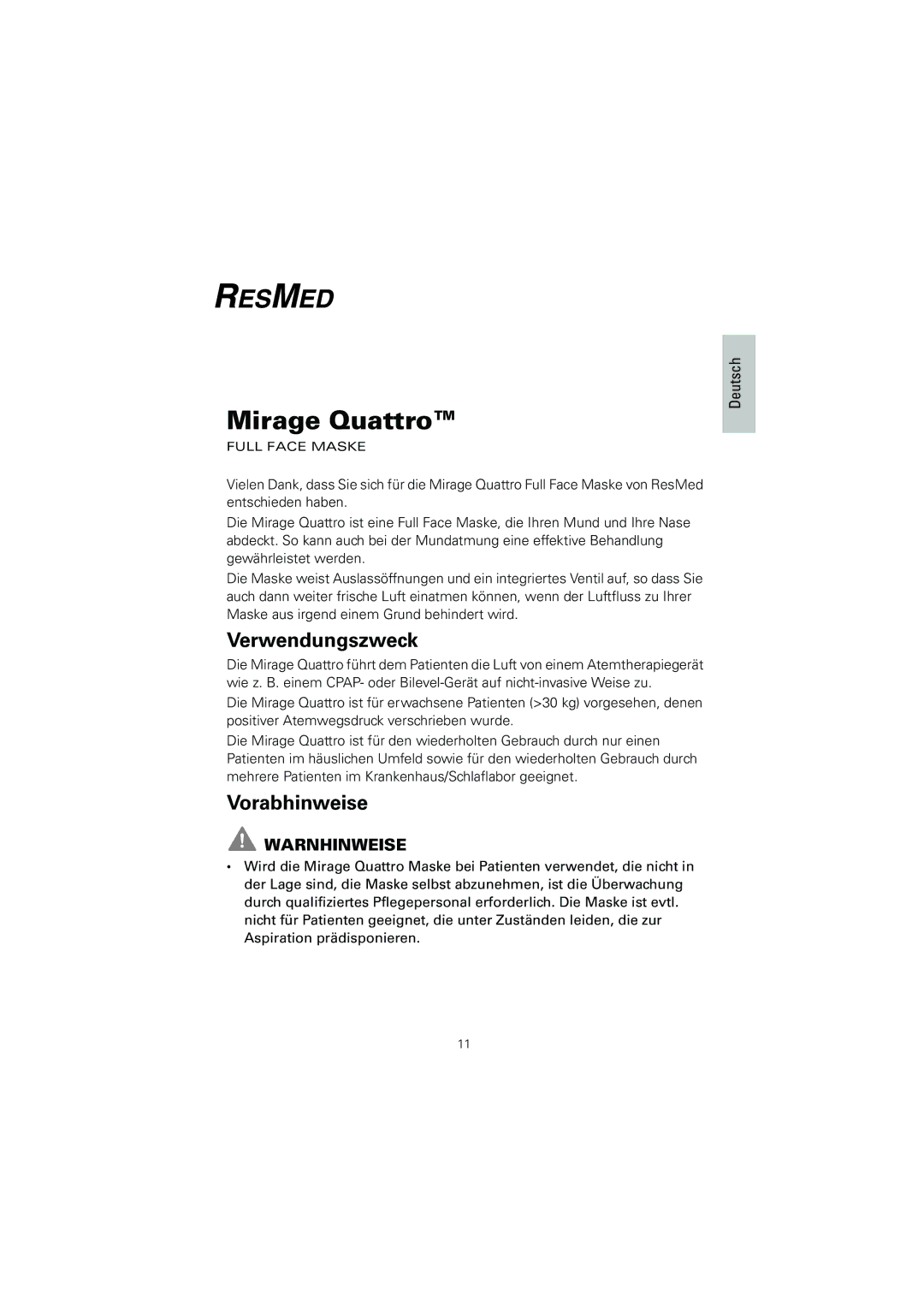 ResMed Mirage Quattro manual Verwendungszweck, Vorabhinweise, Warnhinweise 