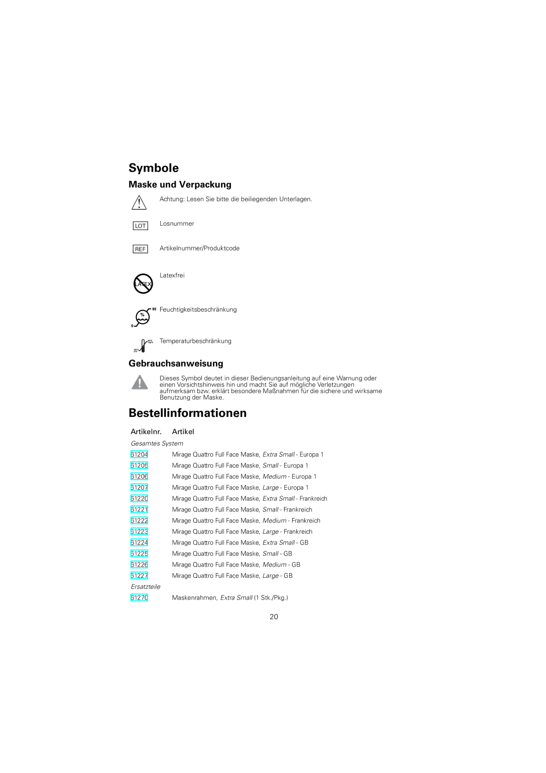 ResMed Mirage Quattro manual Symbole, Bestellinformationen, Artikelnr. Artikel 