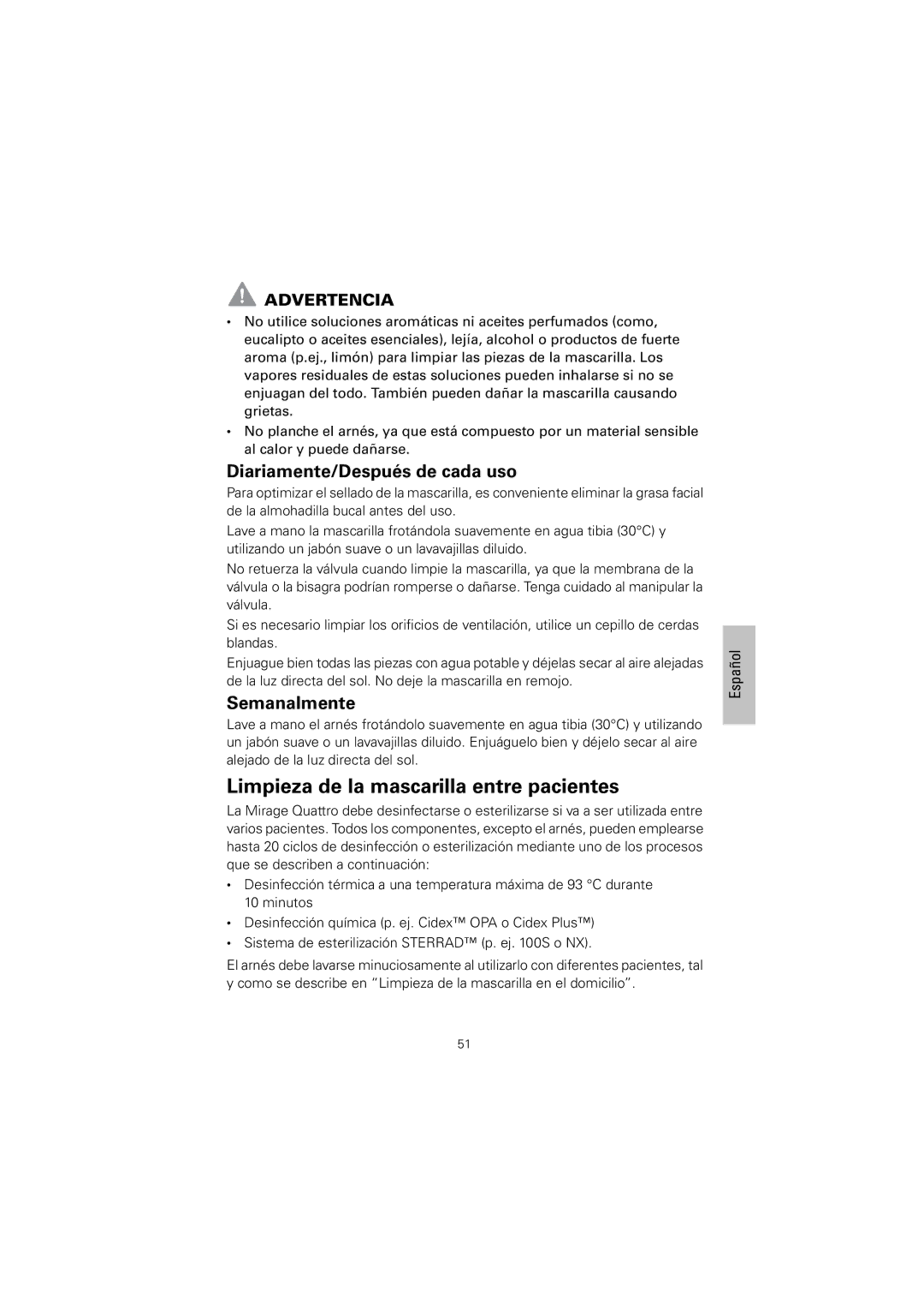 ResMed Mirage Quattro manual Limpieza de la mascarilla entre pacientes, Diariamente/Después de cada uso, Semanalmente 