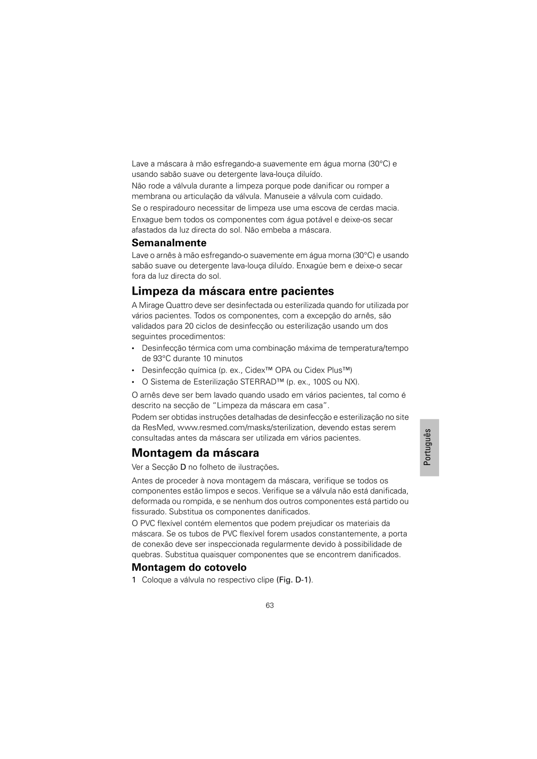 ResMed Mirage Quattro manual Limpeza da máscara entre pacientes, Montagem da máscara, Montagem do cotovelo 