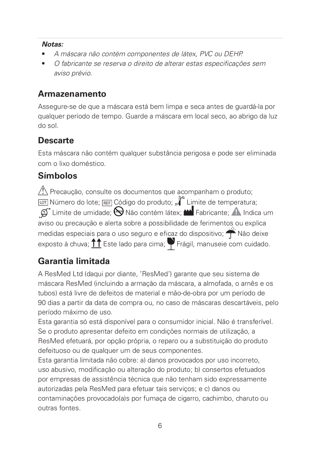 ResMed Mirage manual Armazenamento, Descarte, Símbolos, Garantia limitada 