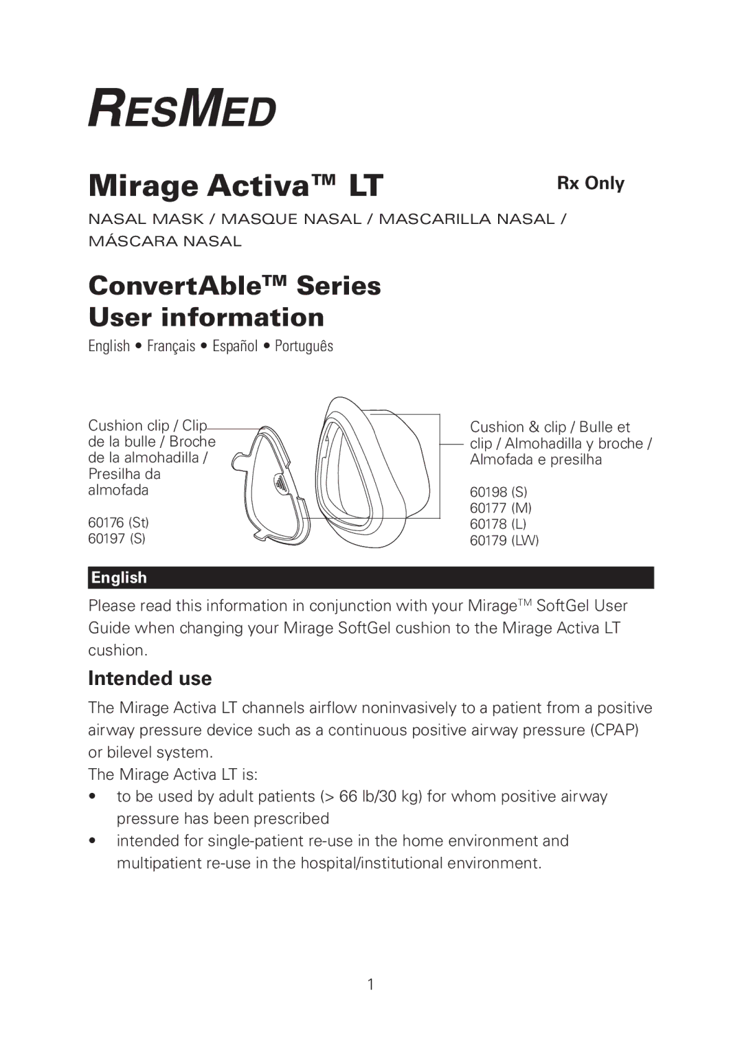 ResMed manual Mirage Activa LT, Intended use 