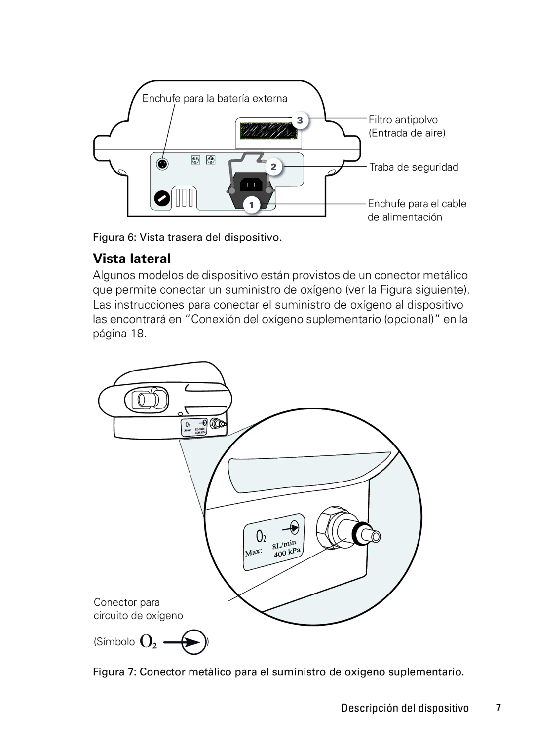 ResMed NOT014223-2 07 10 manual Vista lateral, Figura 6 Vista trasera del dispositivo 