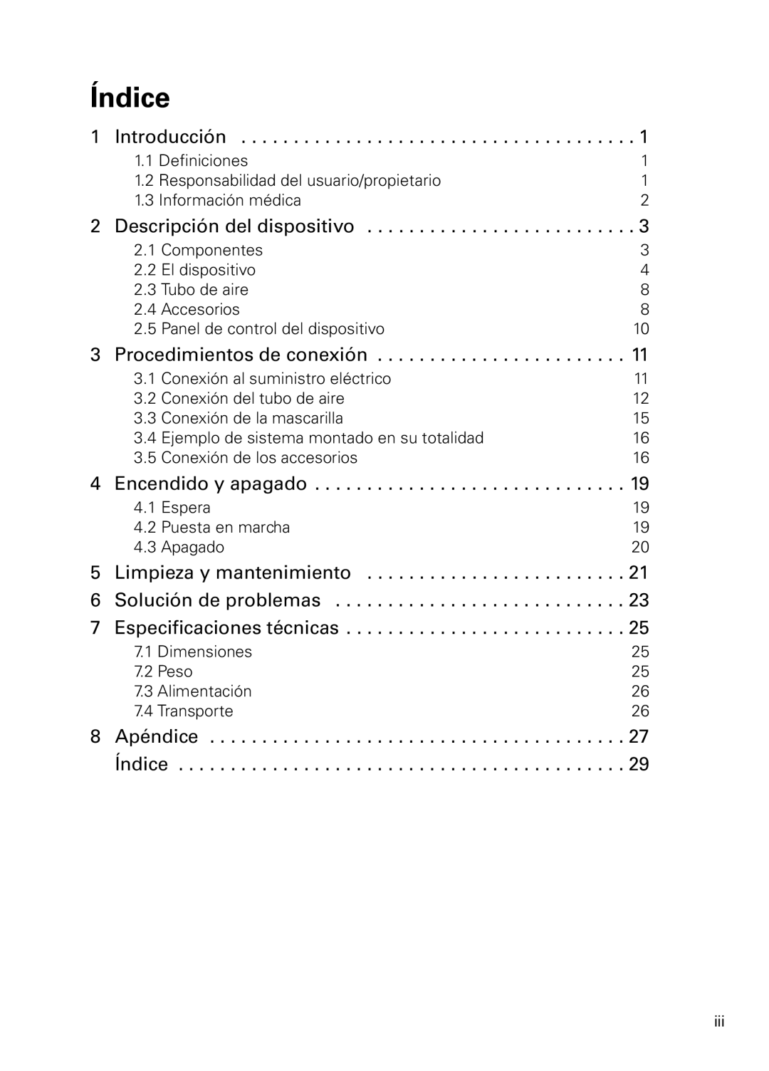 ResMed NOT014223-2 07 10 manual Índice, Procedimientos de conexión 