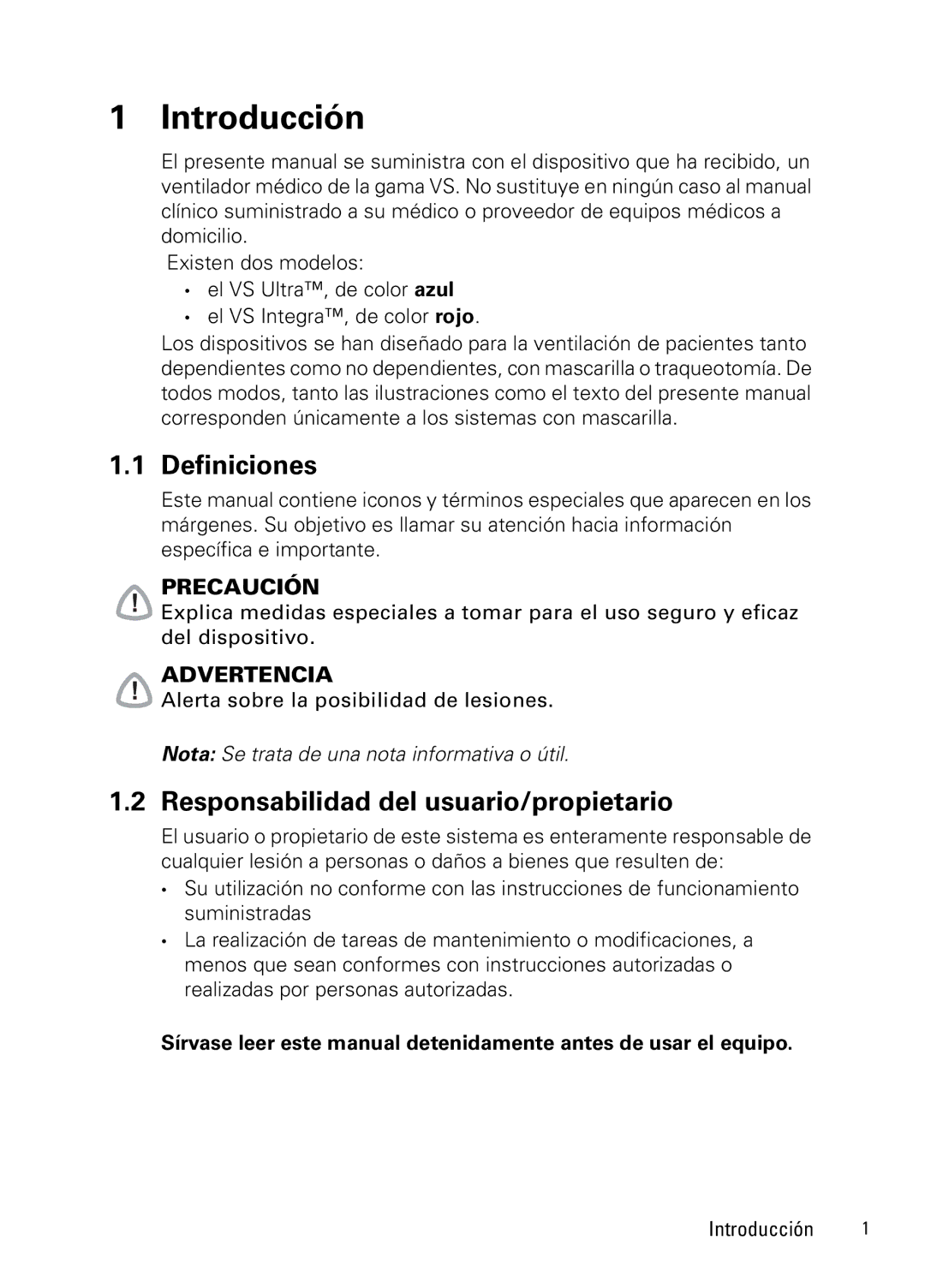 ResMed NOT014223-2 07 10 manual Introducción, Definiciones, Responsabilidad del usuario/propietario 