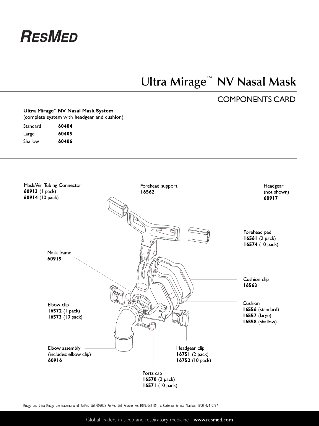 ResMed manual Ultra Mirage NV Nasal Mask, Components Card 