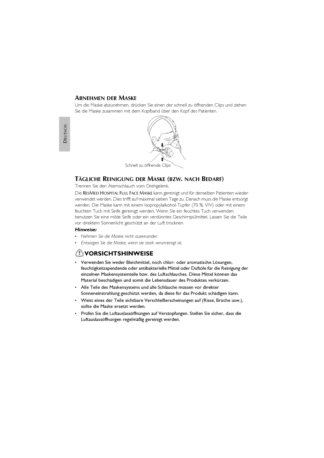 ResMed Oxygen Equipment manual Abnehmen DER Maske, Tägliche Reinigung DER Maske BZW. Nach Bedarf 