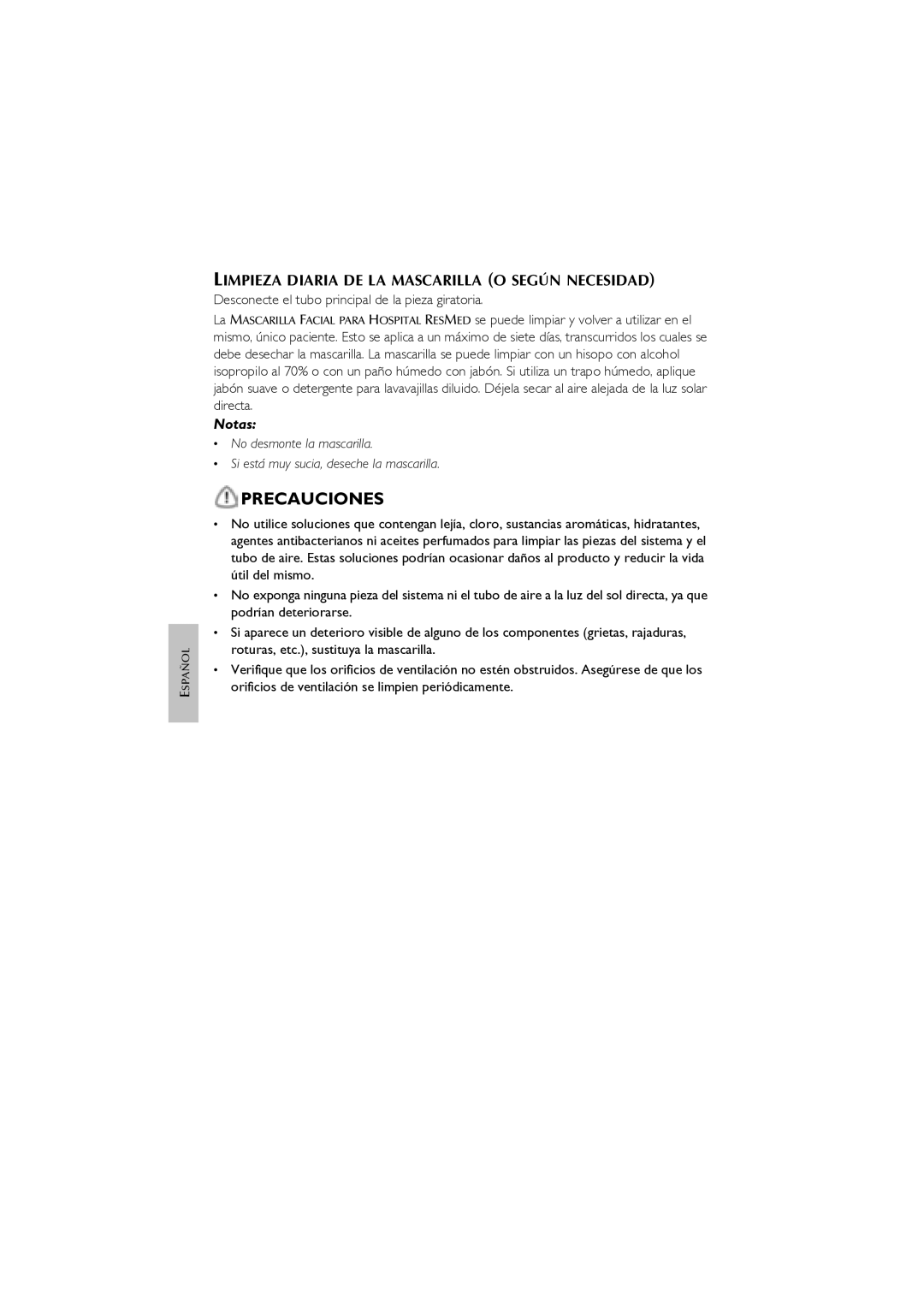 ResMed Oxygen Equipment manual Limpieza Diaria DE LA Mascarilla O Según Necesidad 