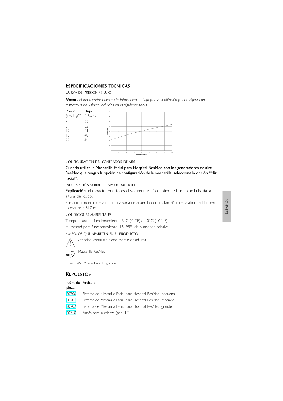 ResMed Oxygen Equipment manual Especificaciones Técnicas, Repuestos 