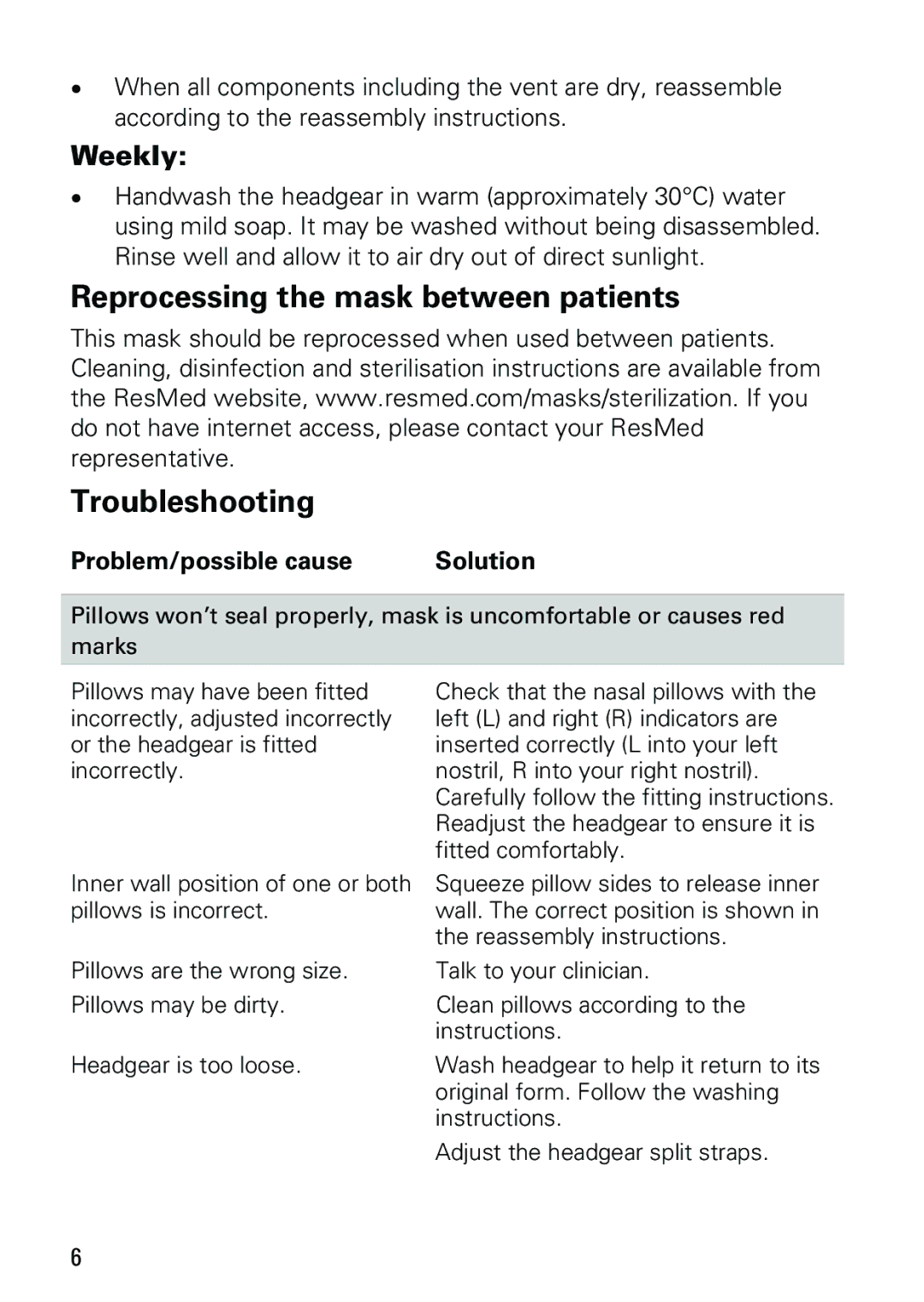 ResMed P10 manual Reprocessing the mask between patients Troubleshooting, Weekly 