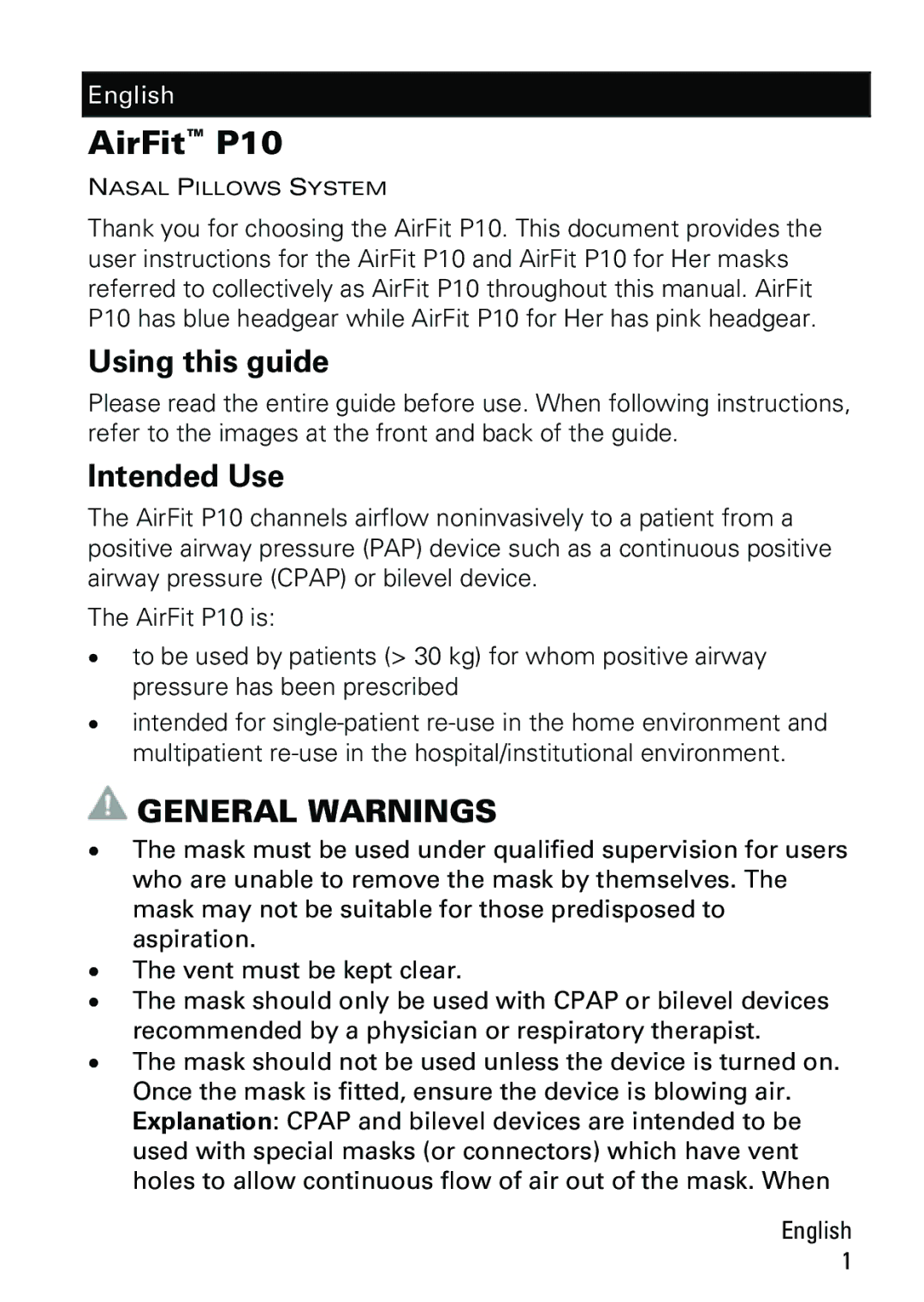 ResMed P10 manual Using this guide, Intended Use 