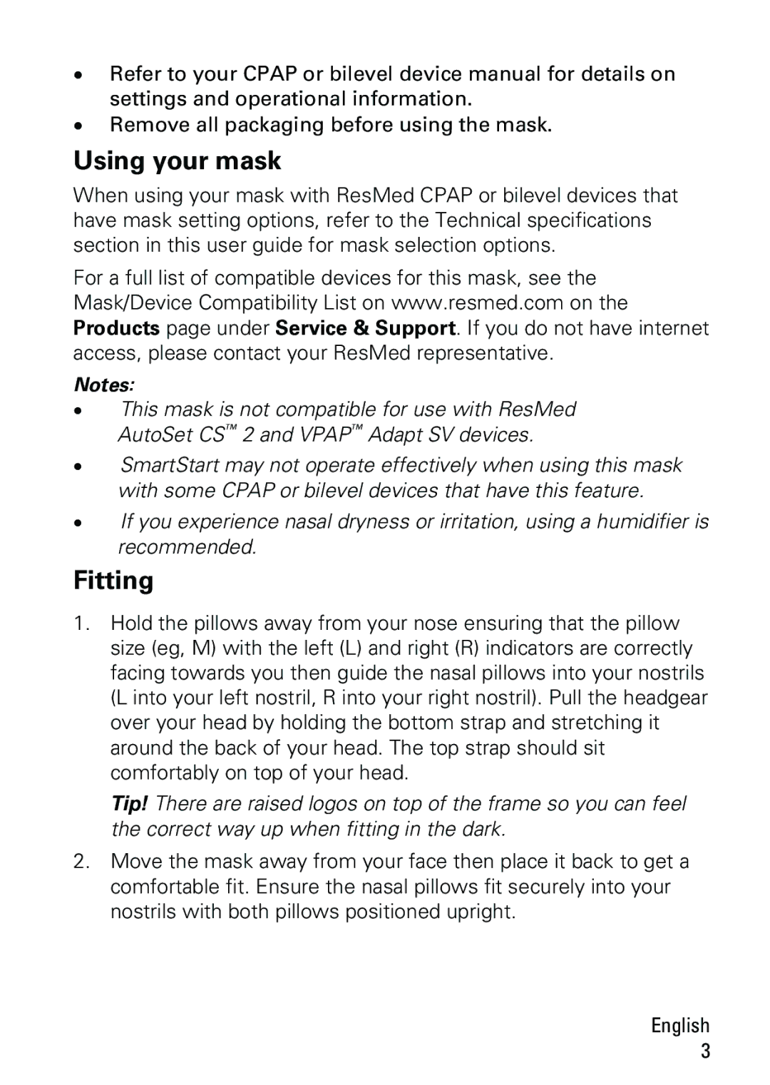 ResMed P10 manual Using your mask, Fitting 