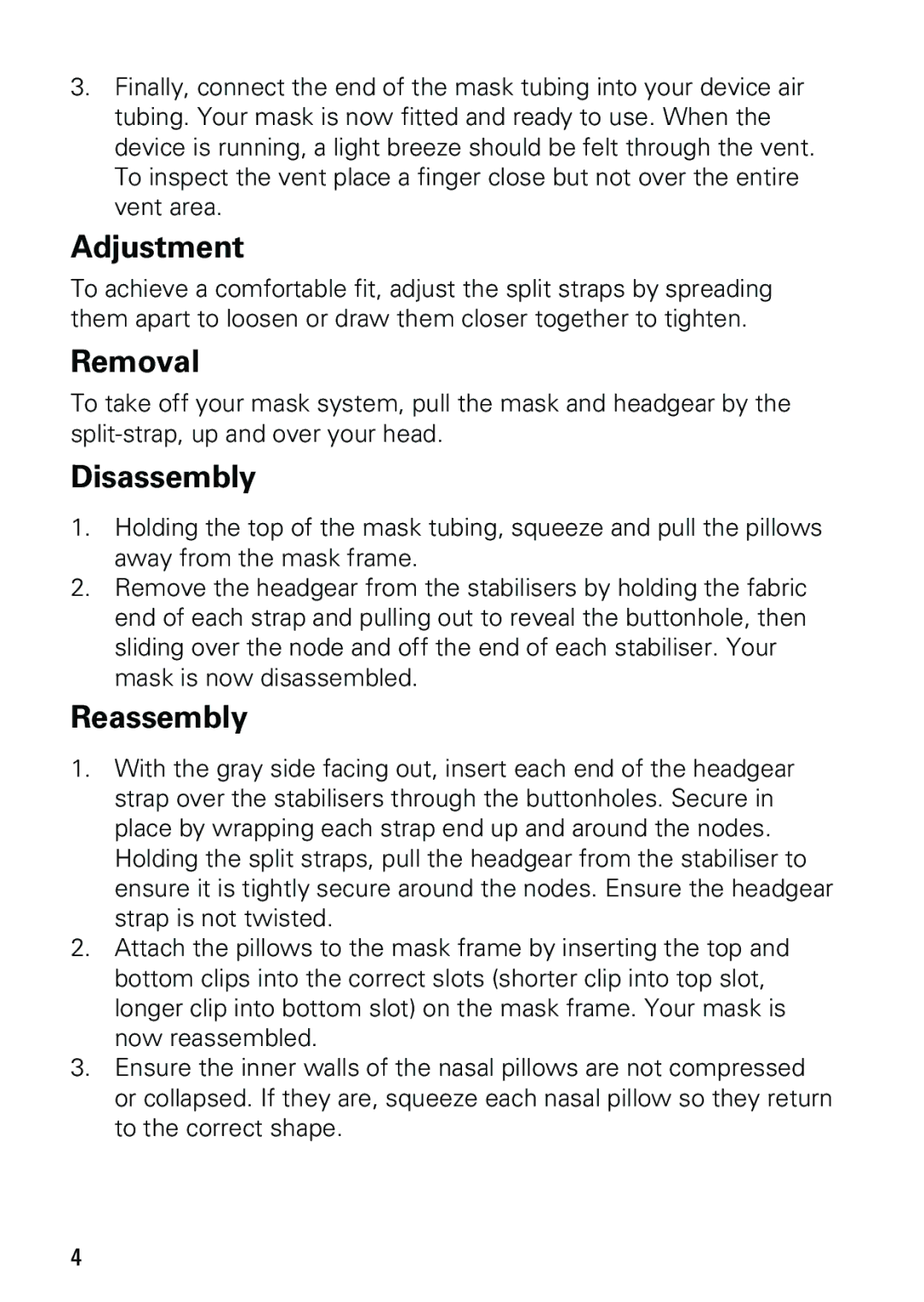 ResMed P10 manual Adjustment, Removal, Disassembly, Reassembly 