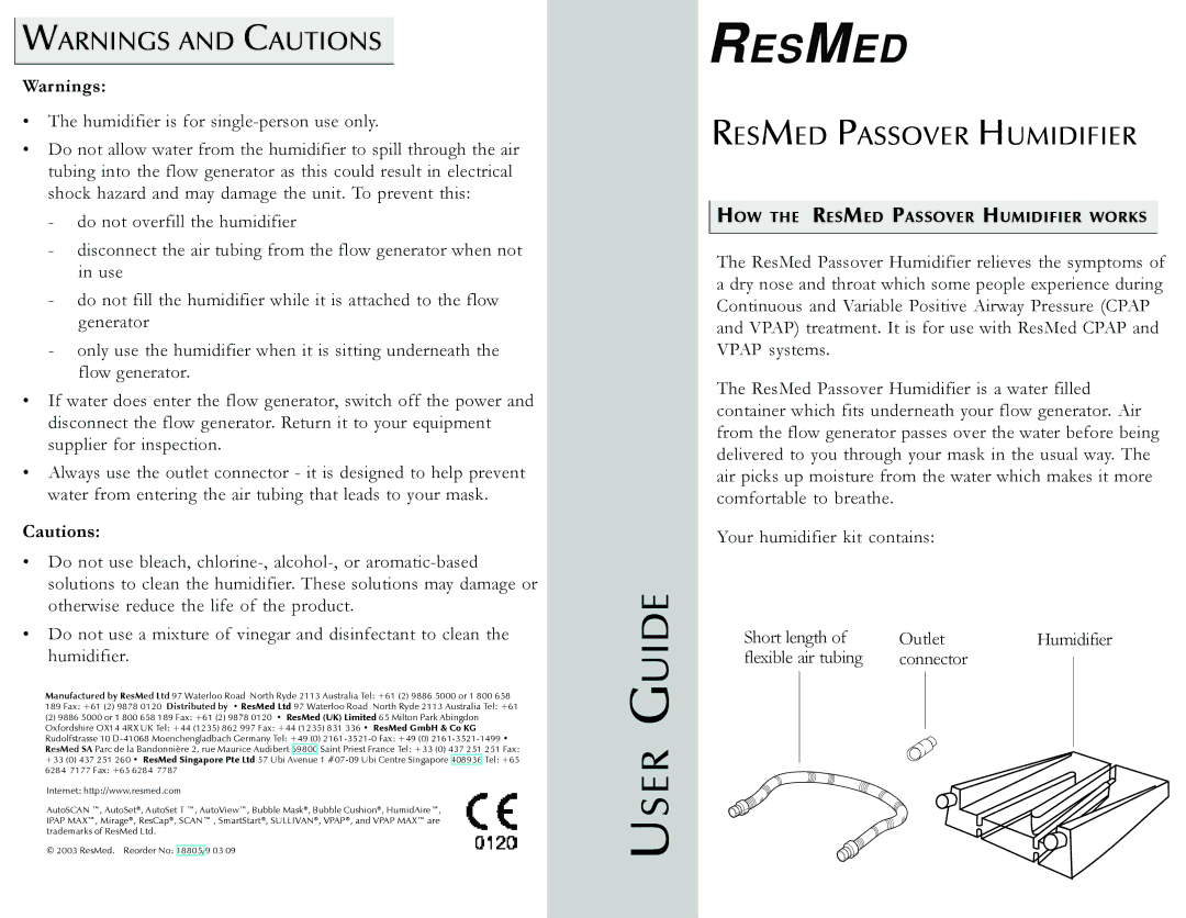 ResMed manual Resmed Passover Humidifier, Flexible air tubing Connector 