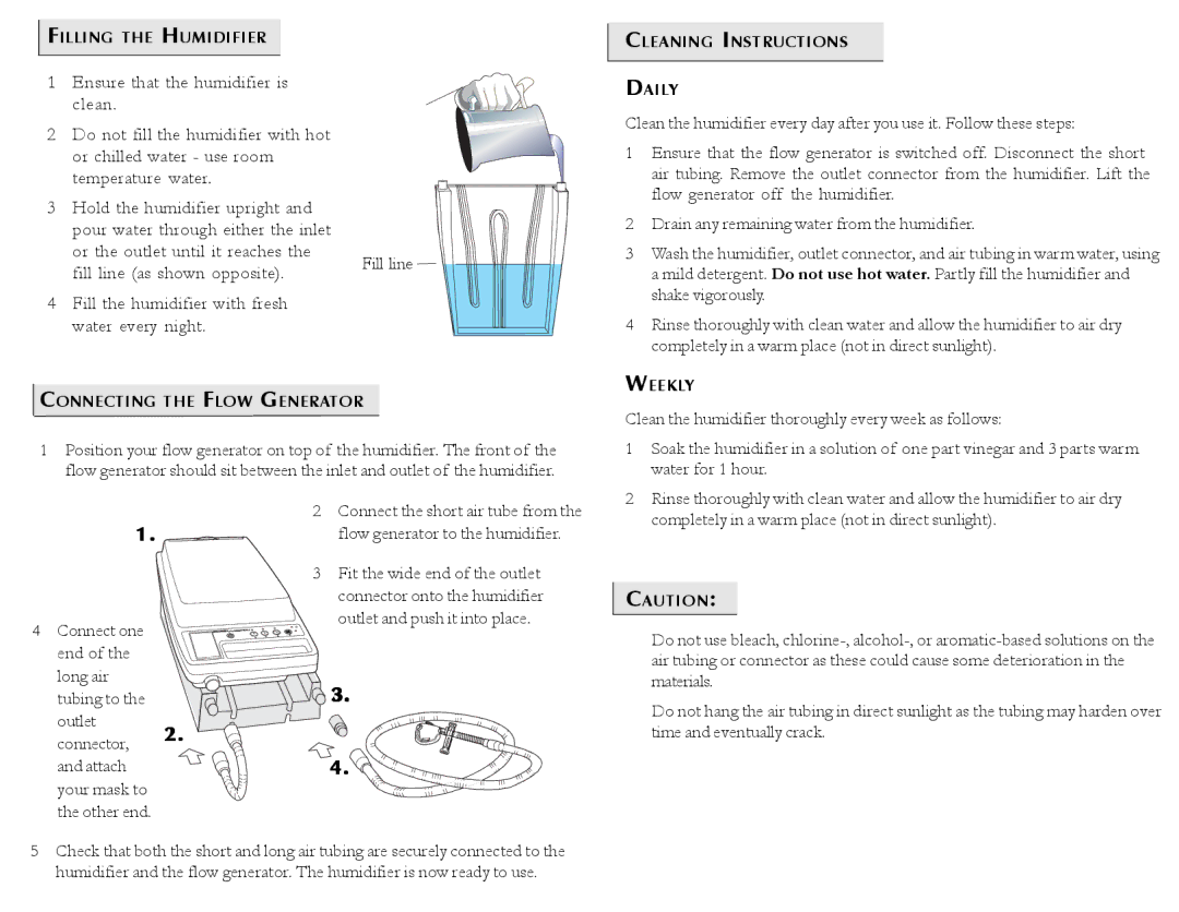 ResMed Passover manual Fill line as shown opposite, Fill the humidifier with fresh Water every night 