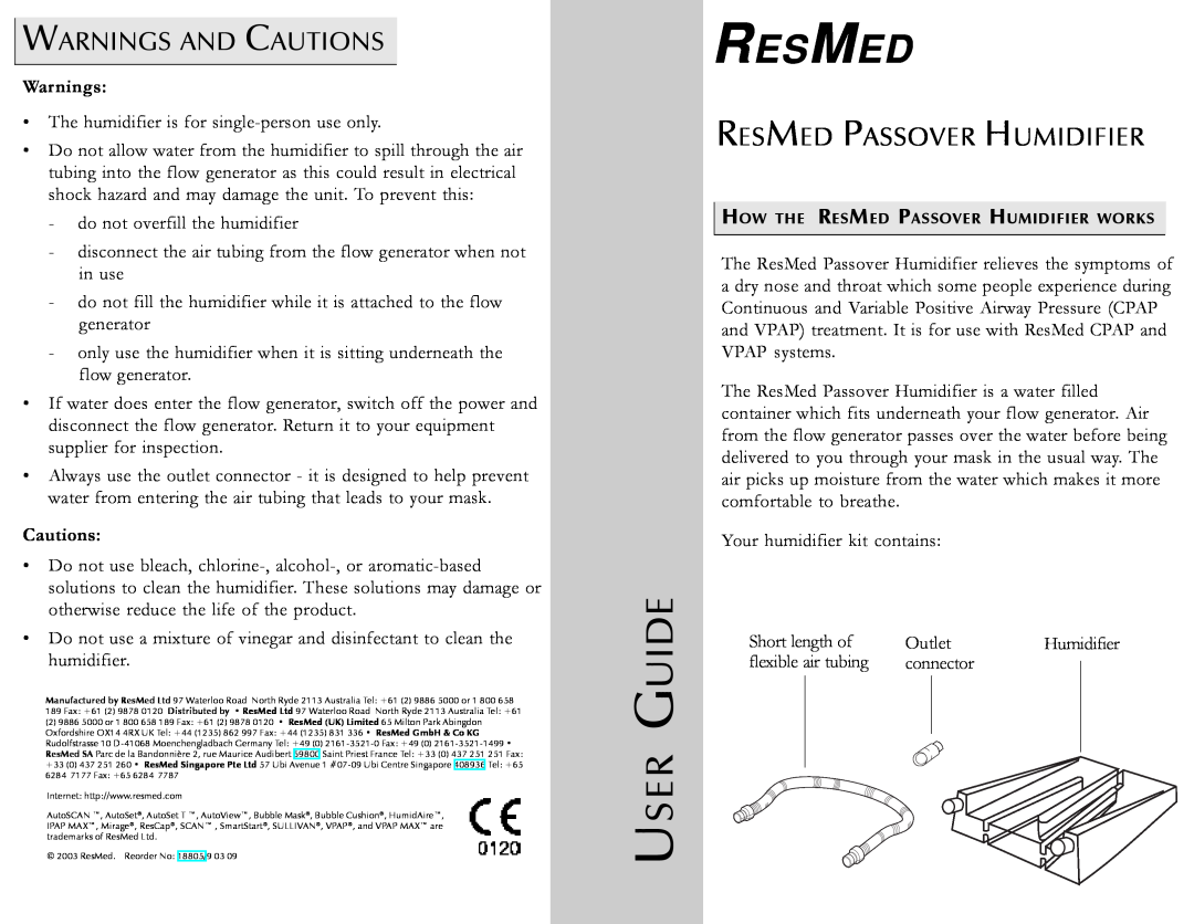 ResMed manual User Guide, Warnings And Cautions, Resmed Passover Humidifier 