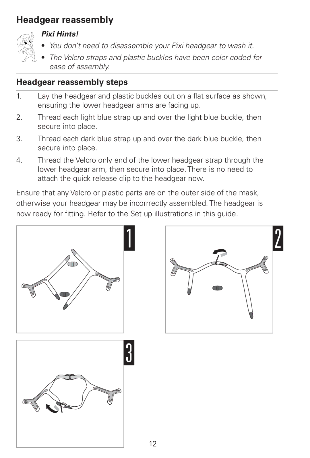 ResMed Pixi manual Headgear reassembly steps 