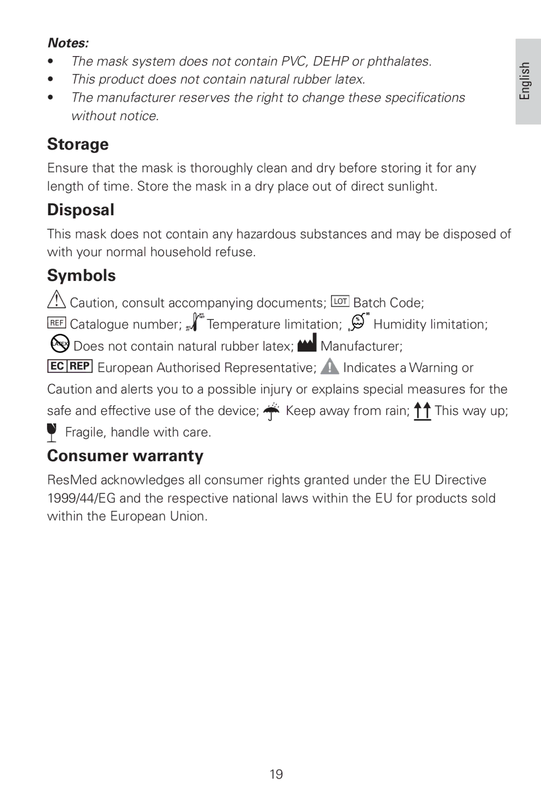 ResMed Pixi manual Storage, Disposal, Symbols, Consumer warranty 