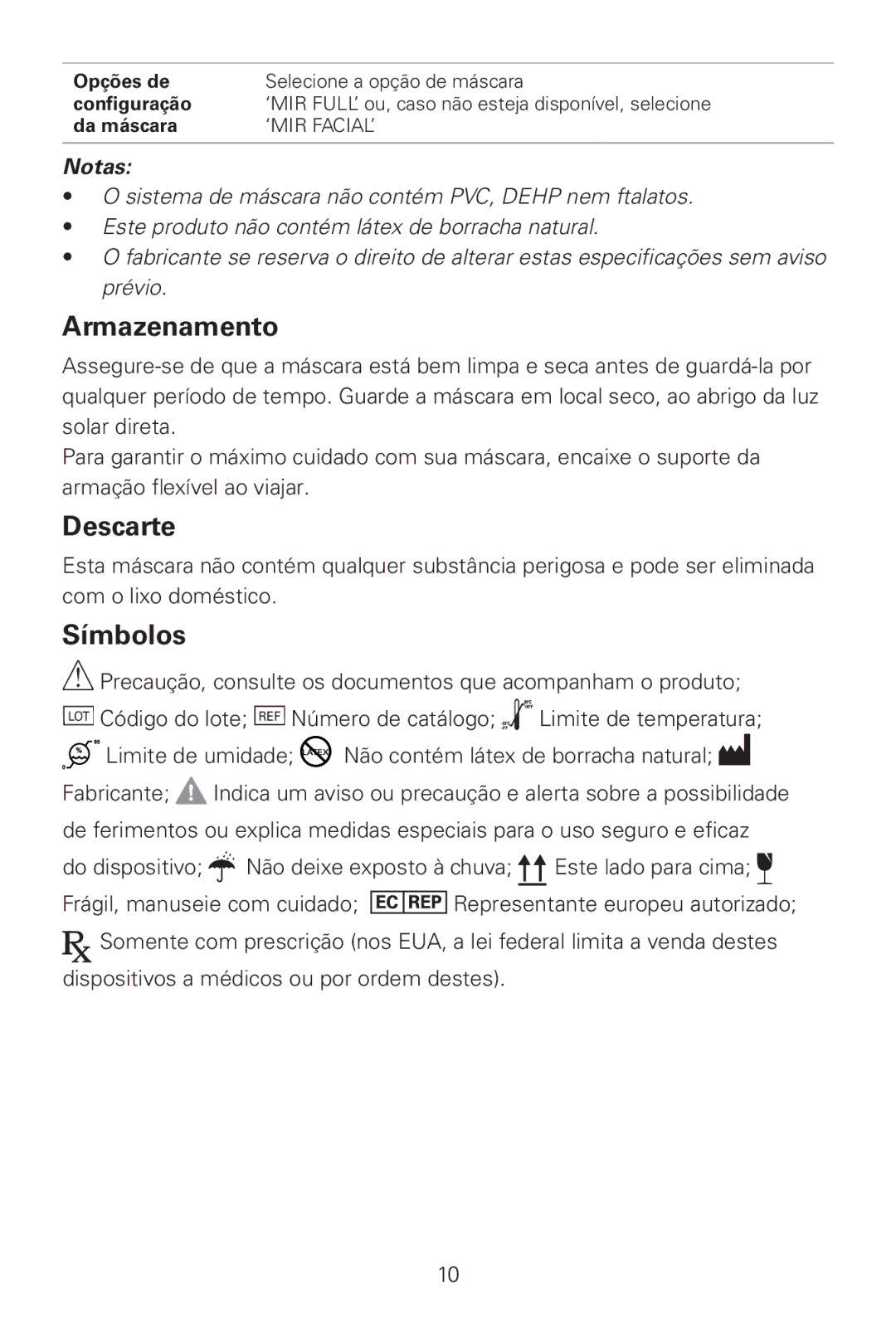 ResMed Quattro FX manual Armazenamento, Descarte, Símbolos 