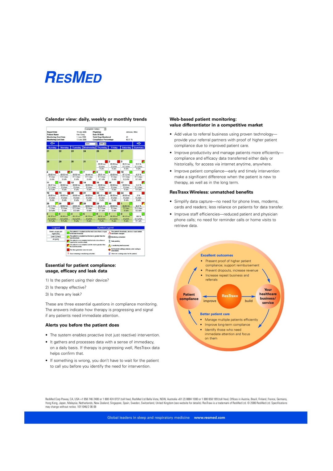 ResMed ResTraxx System manual Calendar view daily, weekly or monthly trends, Web-based patient monitoring 