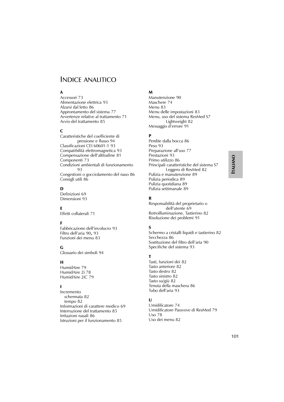 ResMed S7 user manual Indice Analitico, 101 