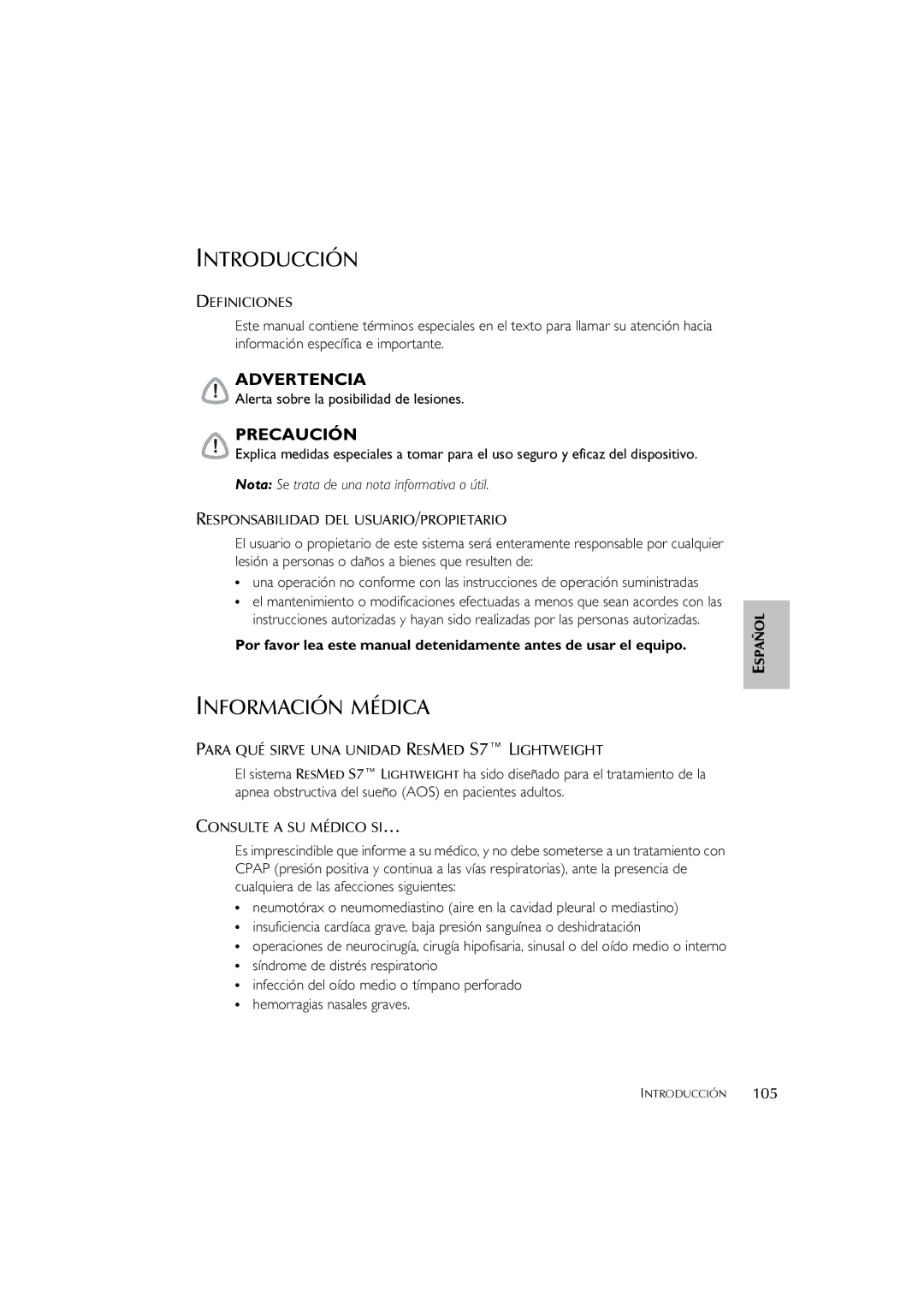 ResMed S7 user manual Introducción, Información Médica 