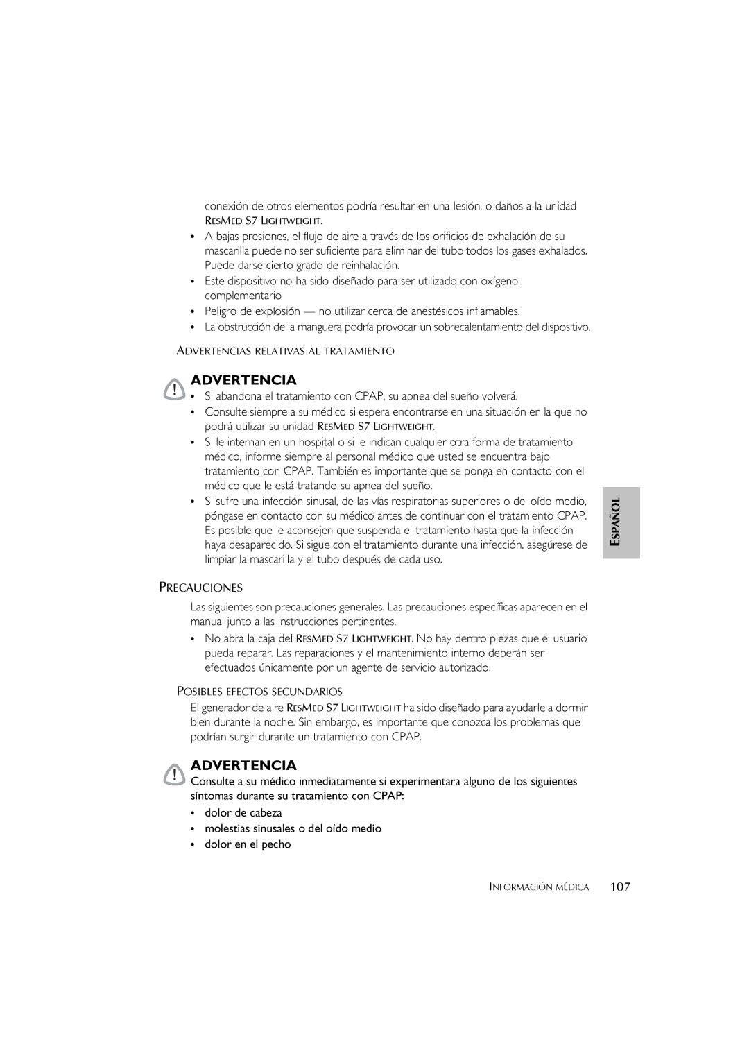 ResMed user manual Resmed S7 Lightweight, 107 