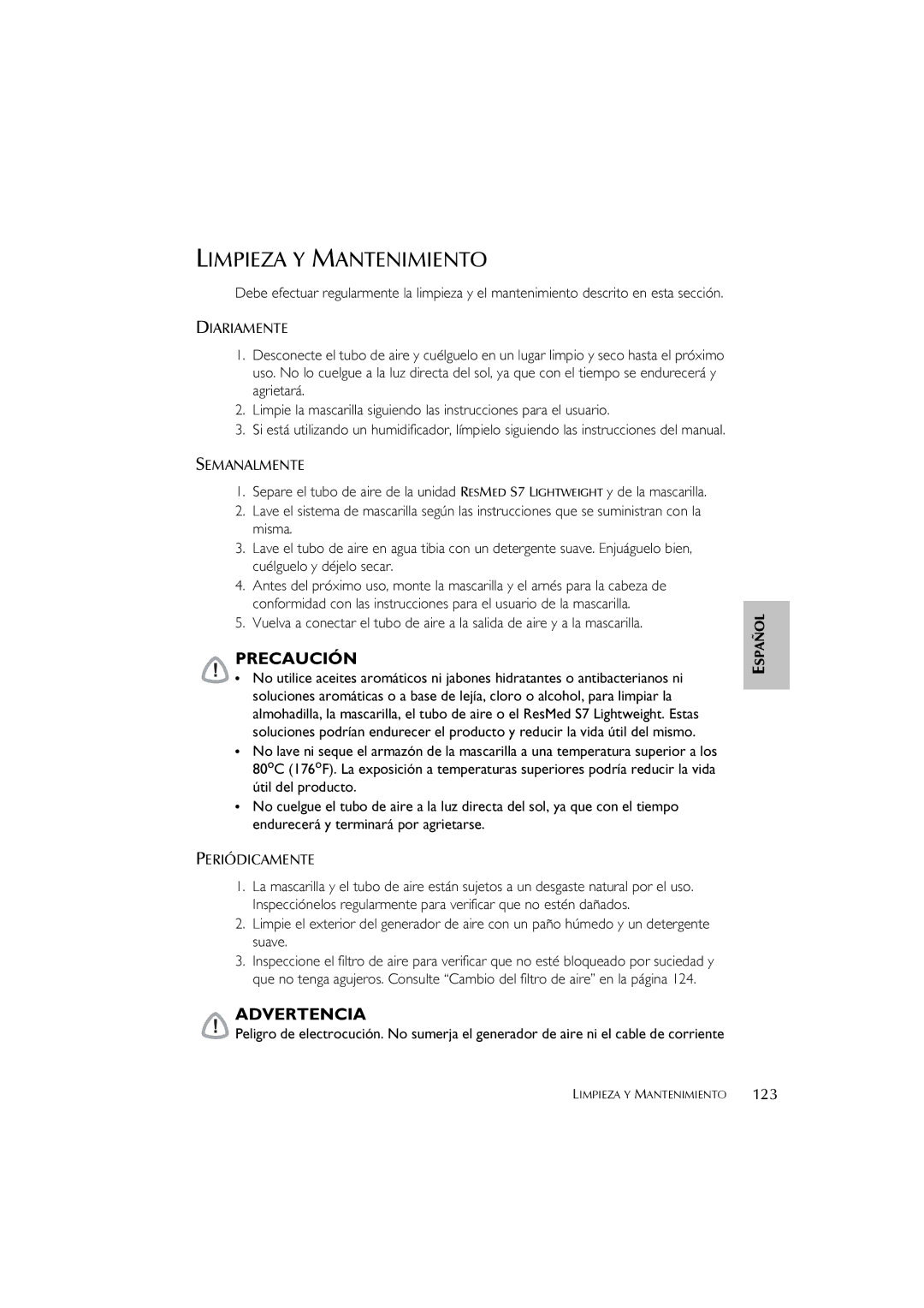 ResMed S7 user manual Limpieza Y Mantenimiento, 123 