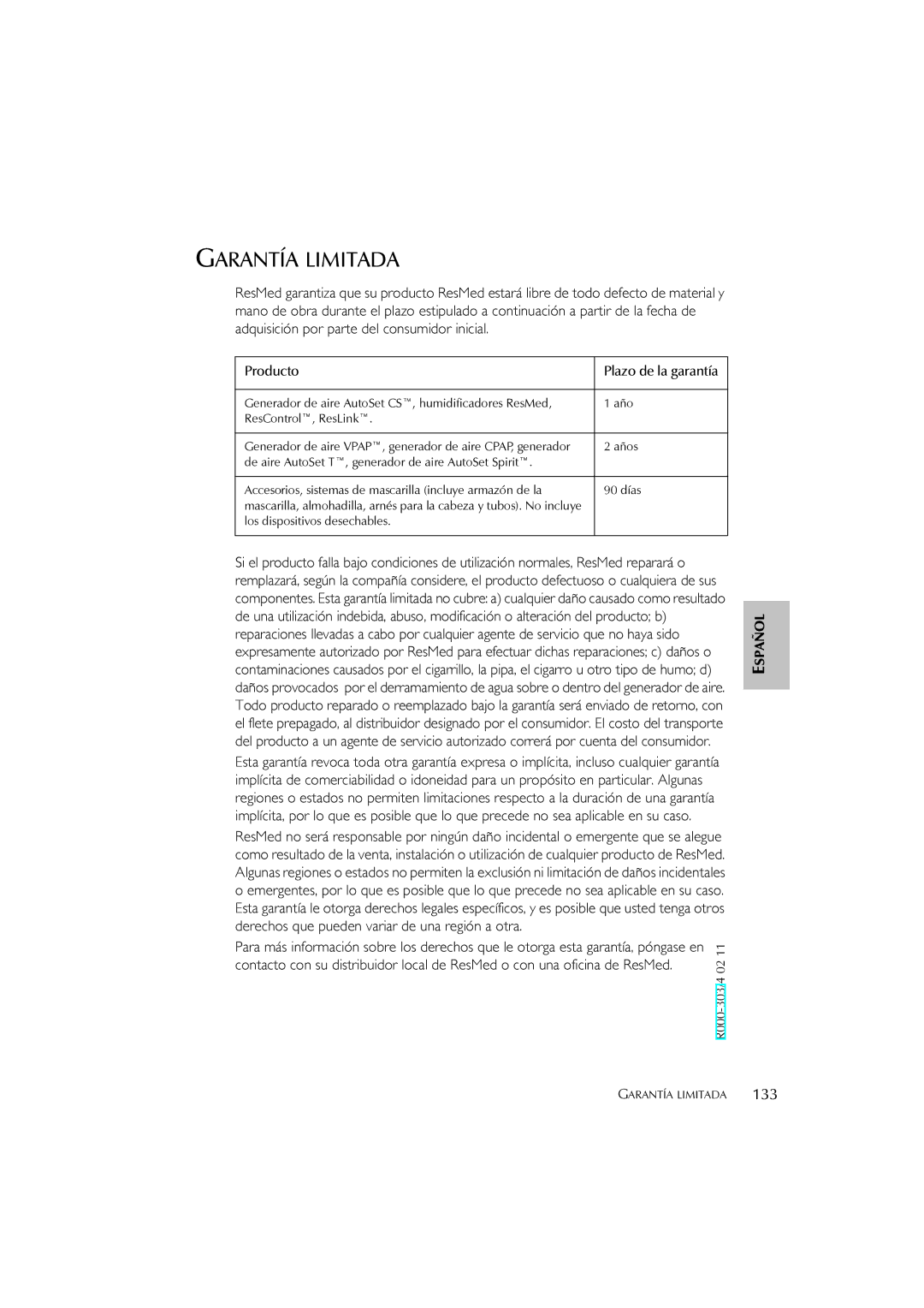 ResMed S7 user manual Garantía Limitada, 133, Producto 