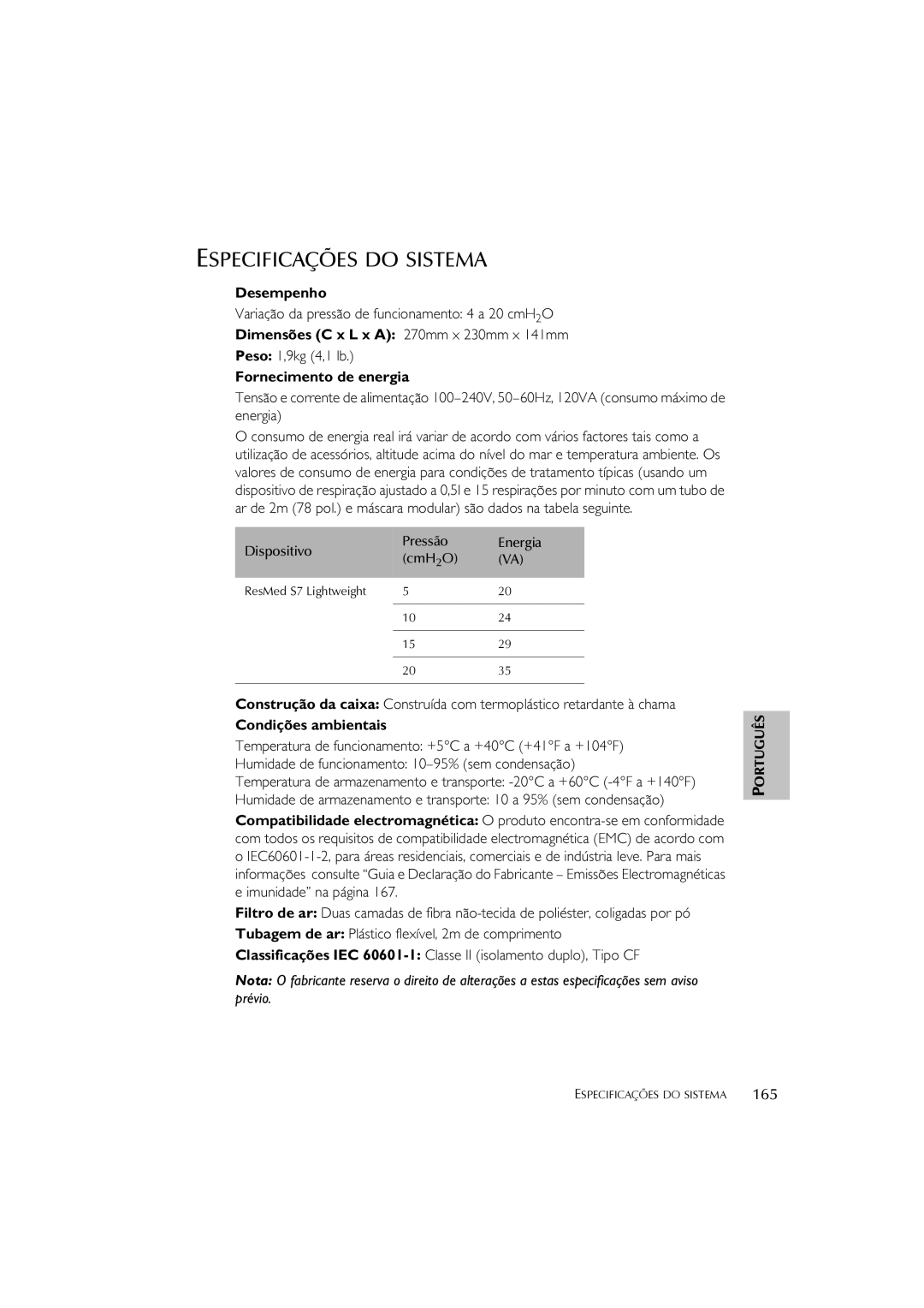 ResMed S7 user manual Especificações do Sistema, @4@? #M/?#0, 165 