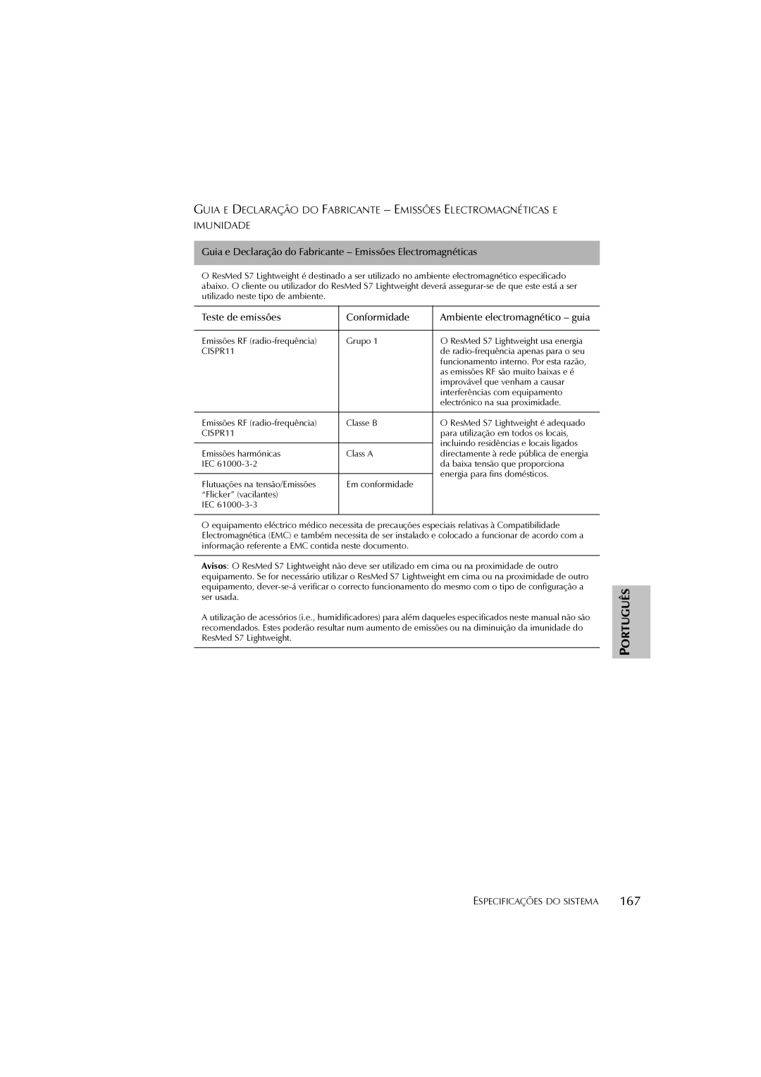 ResMed S7 user manual 167, Guia e Declaração do Fabricante Emissões Electromagnéticas 