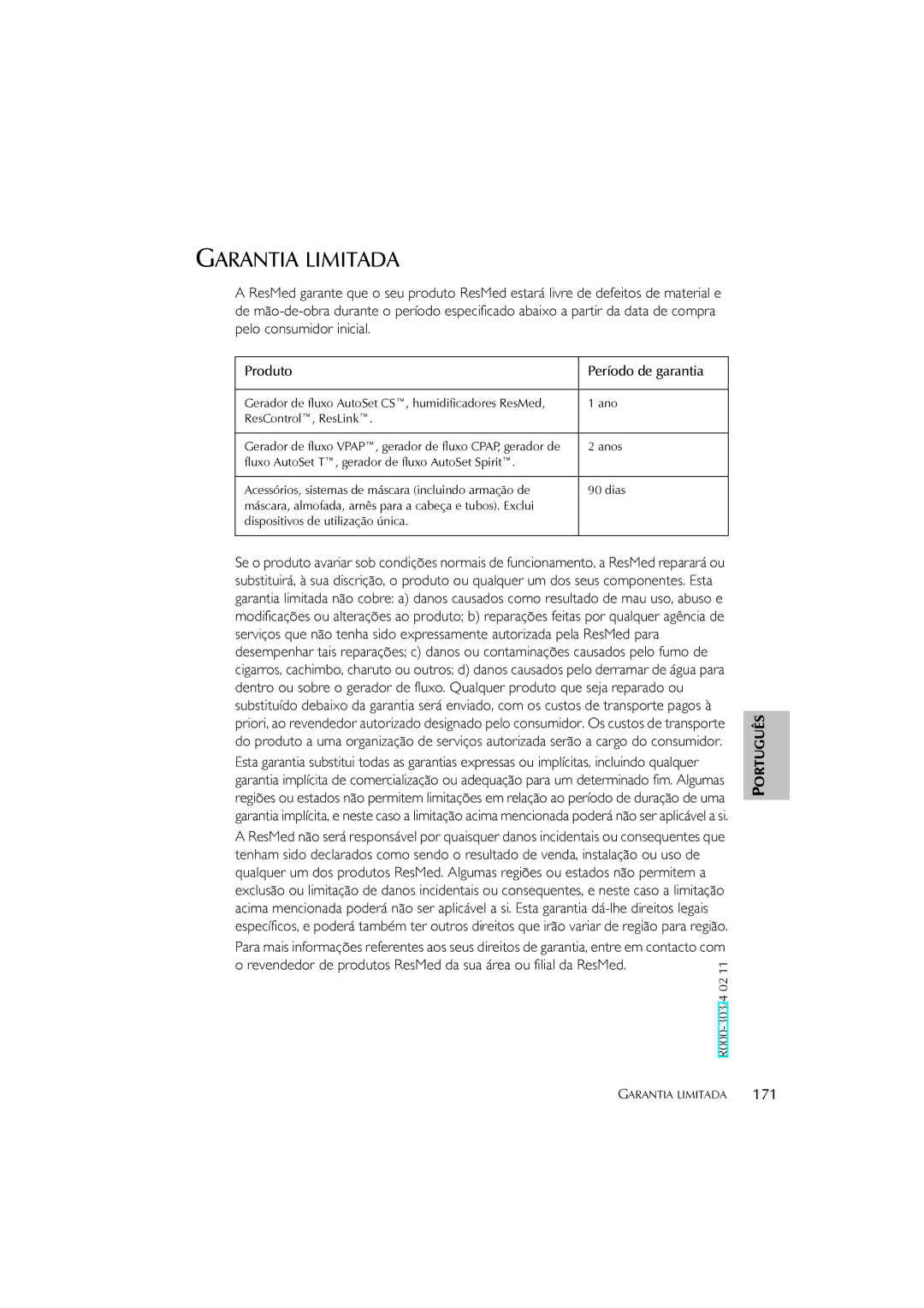 ResMed S7 user manual Garantia Limitada, 171, Produto Período de garantia 