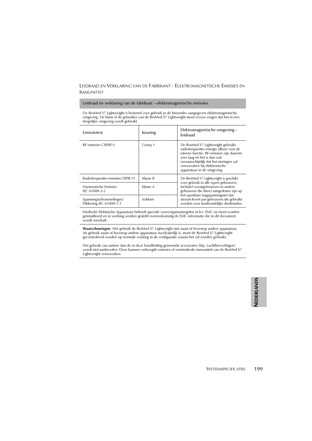 ResMed S7 user manual Emissietest Keuring Elektromagnetische omgeving Leidraad 