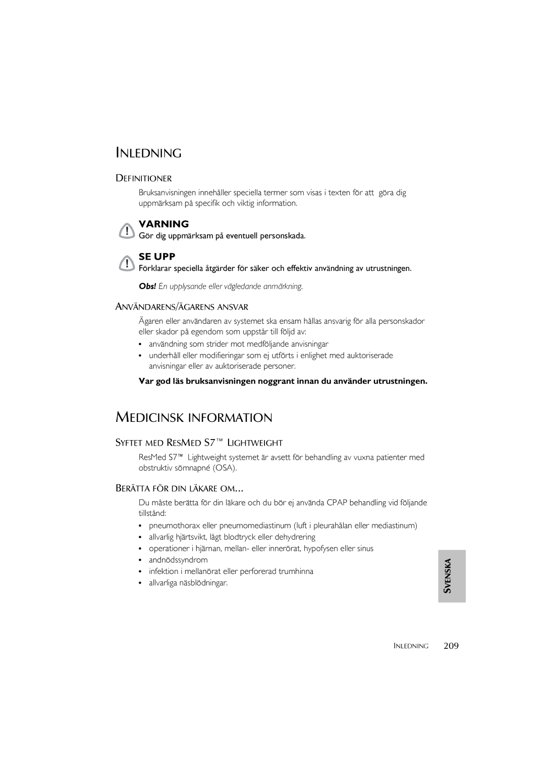 ResMed S7 user manual Inledning, Medicinsk Information 