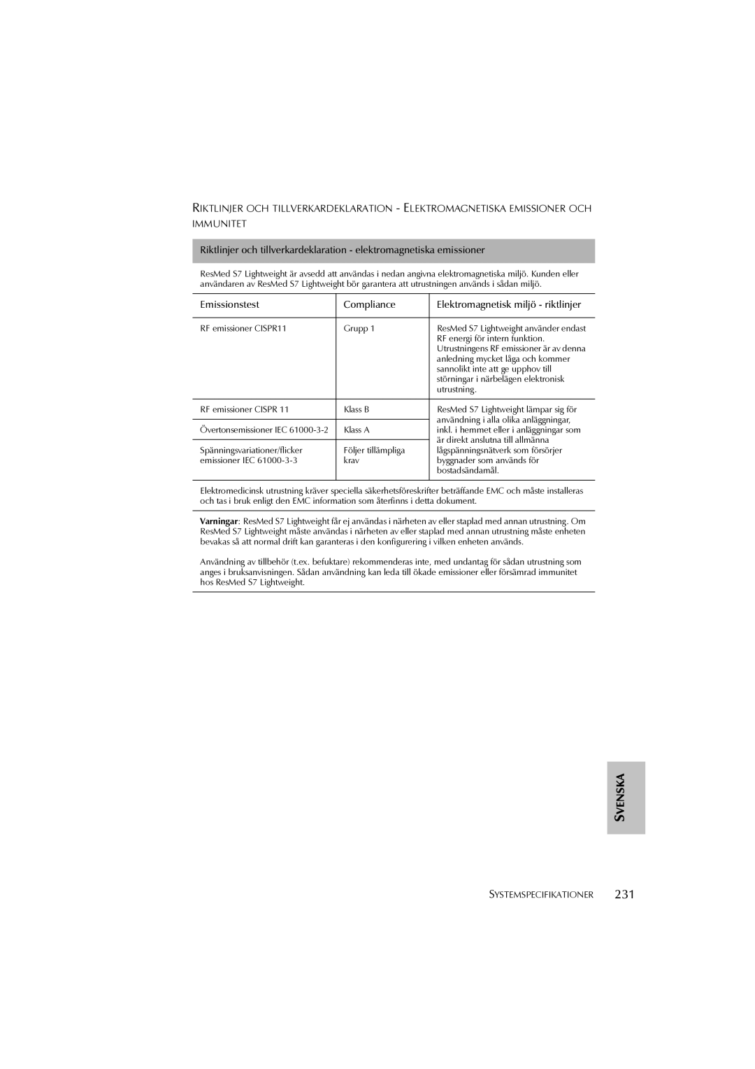 ResMed S7 user manual Emissionstest Compliance Elektromagnetisk miljö riktlinjer 