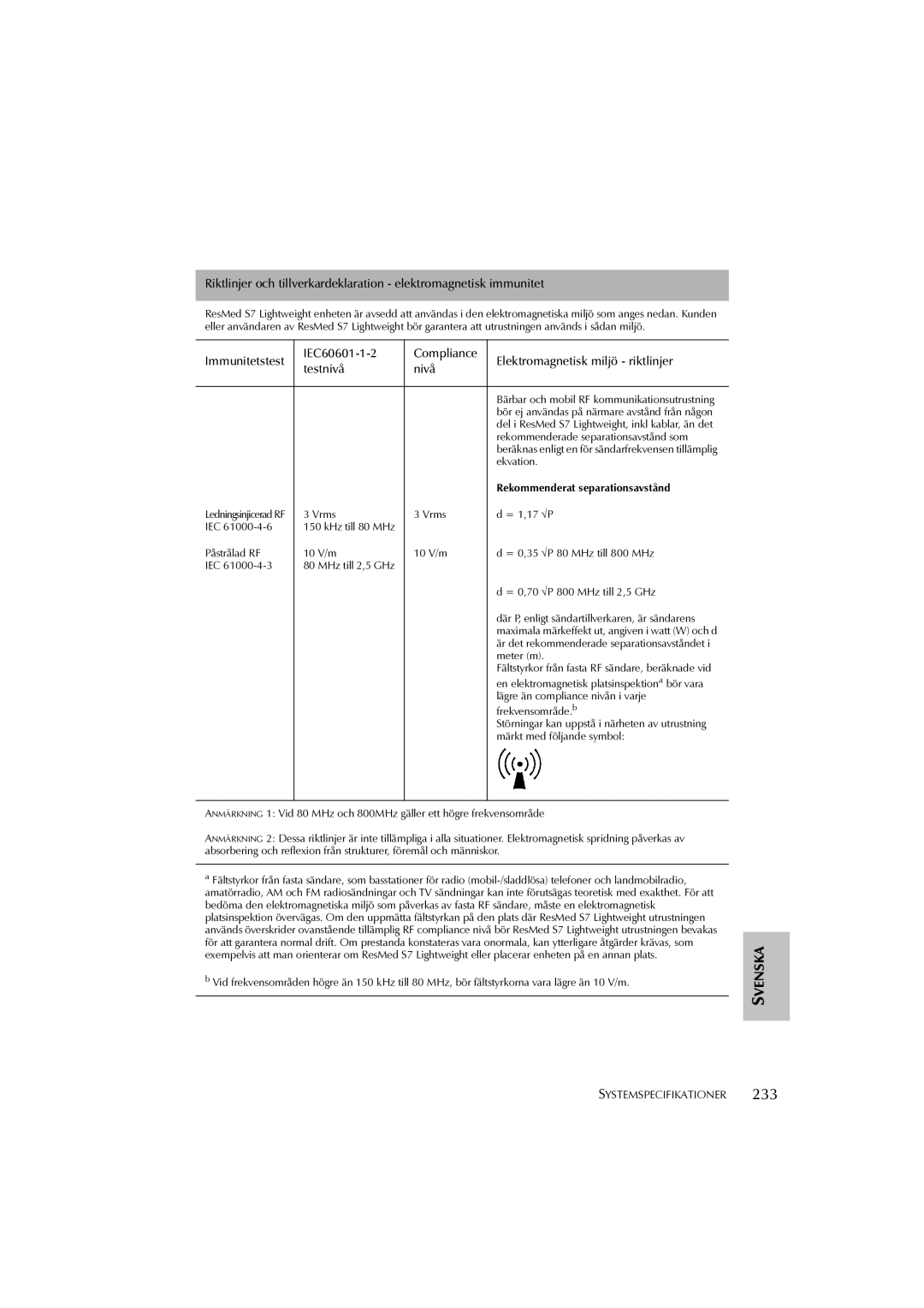 ResMed S7 user manual Bärbar och mobil RF kommunikationsutrustning 