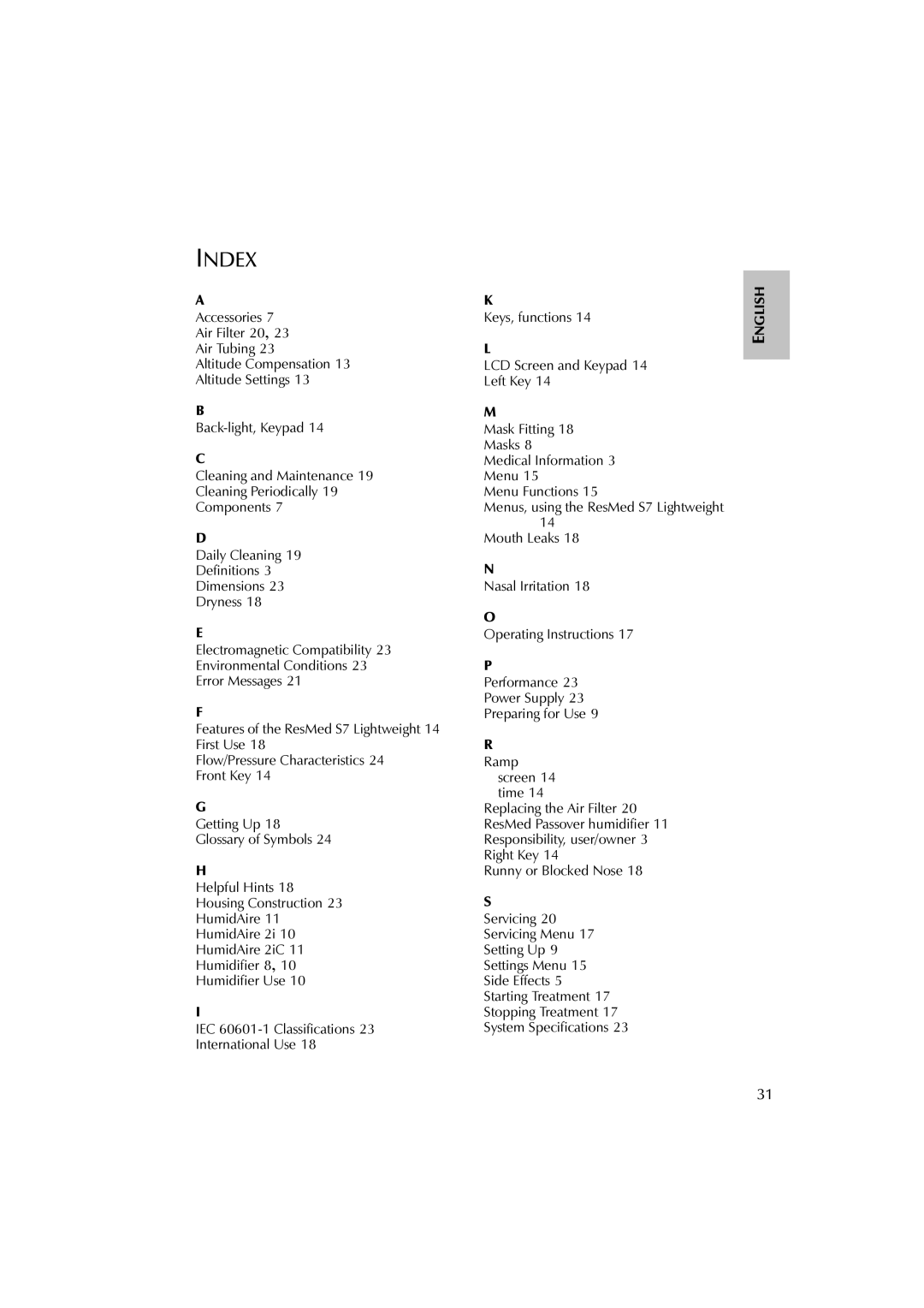 ResMed S7 user manual Index 