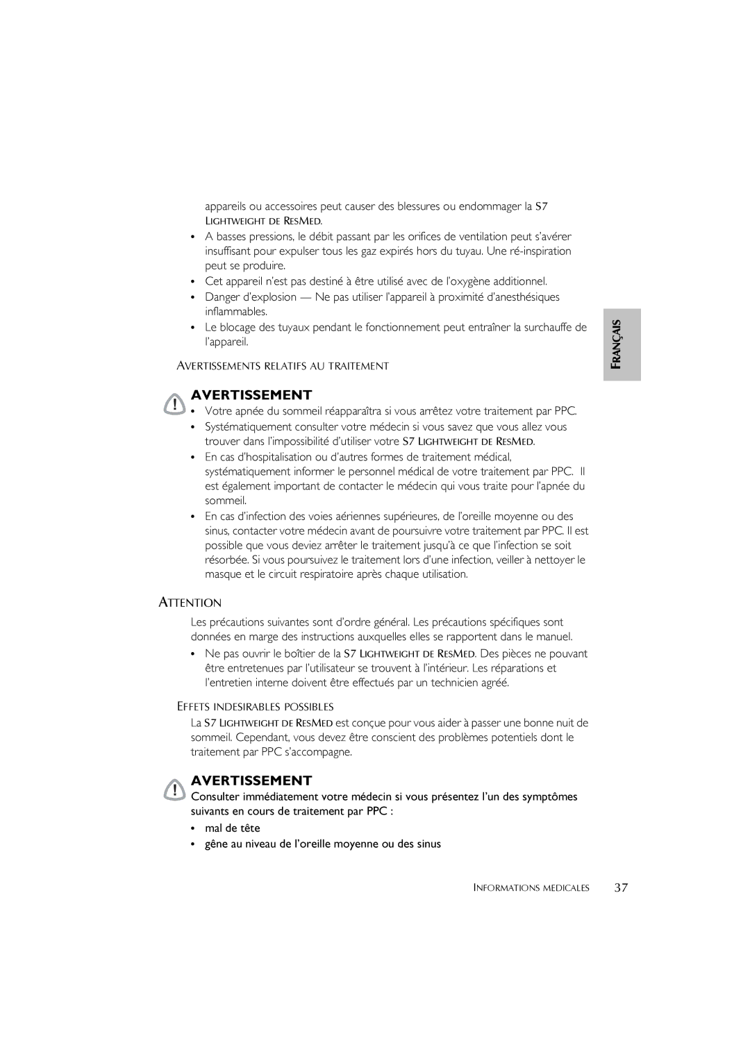 ResMed S7 user manual Avertissements Relatifs AU Traitement 