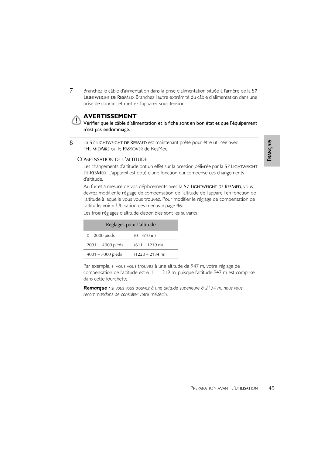 ResMed S7 user manual HUMIDAIREPASSOVER1, #$+ &7 Réglages pour l’altitude 