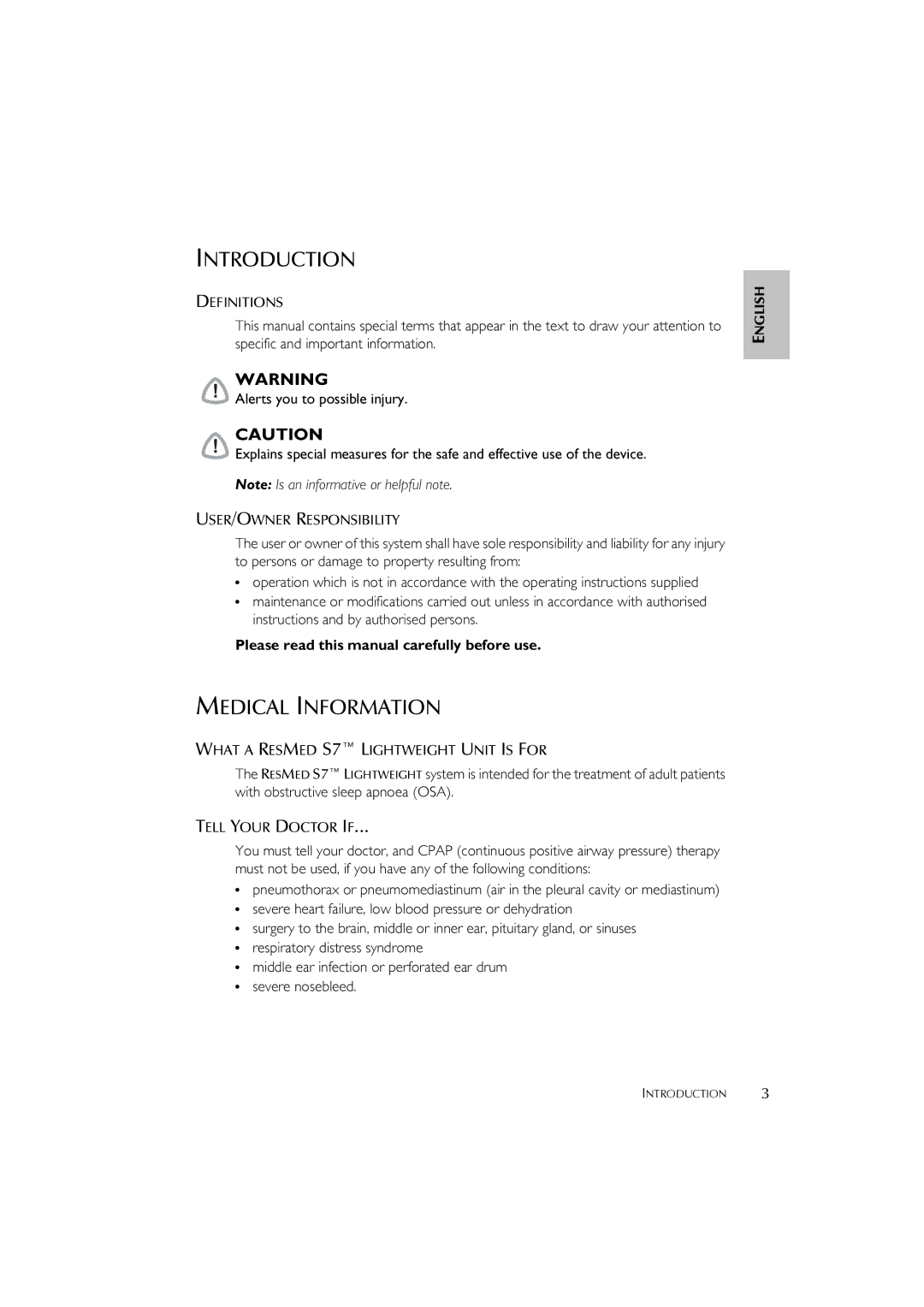 ResMed S7 user manual Introduction, Medical Information 