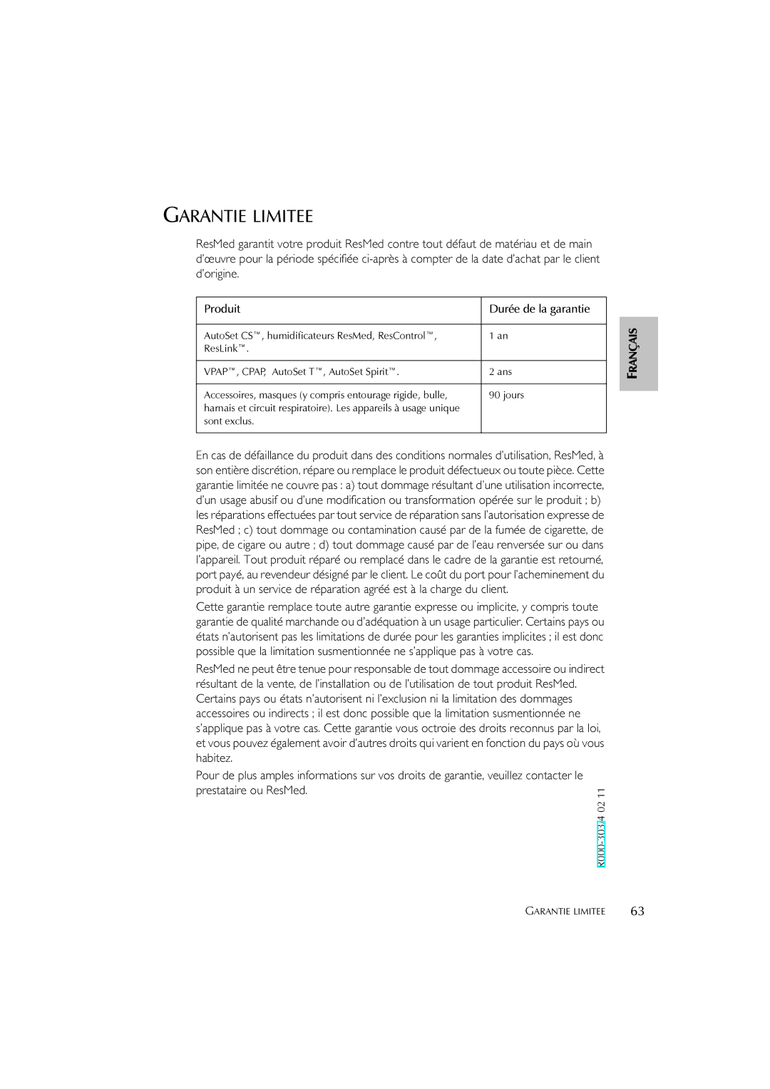 ResMed S7 user manual Garantie Limitee, 111, Produit Durée de la garantie 